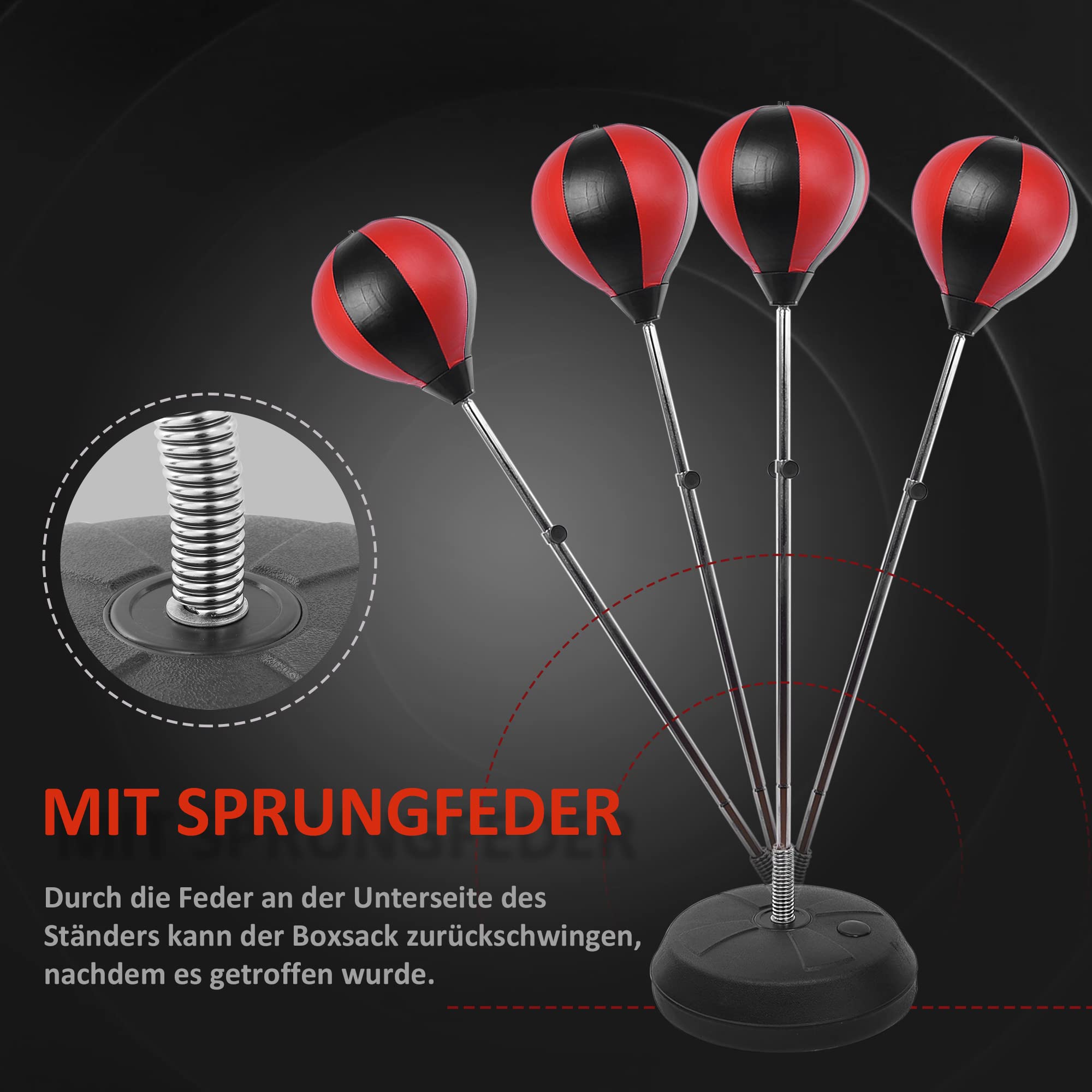 HOMCOM Standboxsack Boxtrainingsgerät mit Reflexball, 360°-Drehstange, Saugfuß, Sand/Wasser befüllbar, Stehend Boxassistent mit Handschuhe, Luftpumpe Training Boxsack 88 x 48 x 155-205 cm