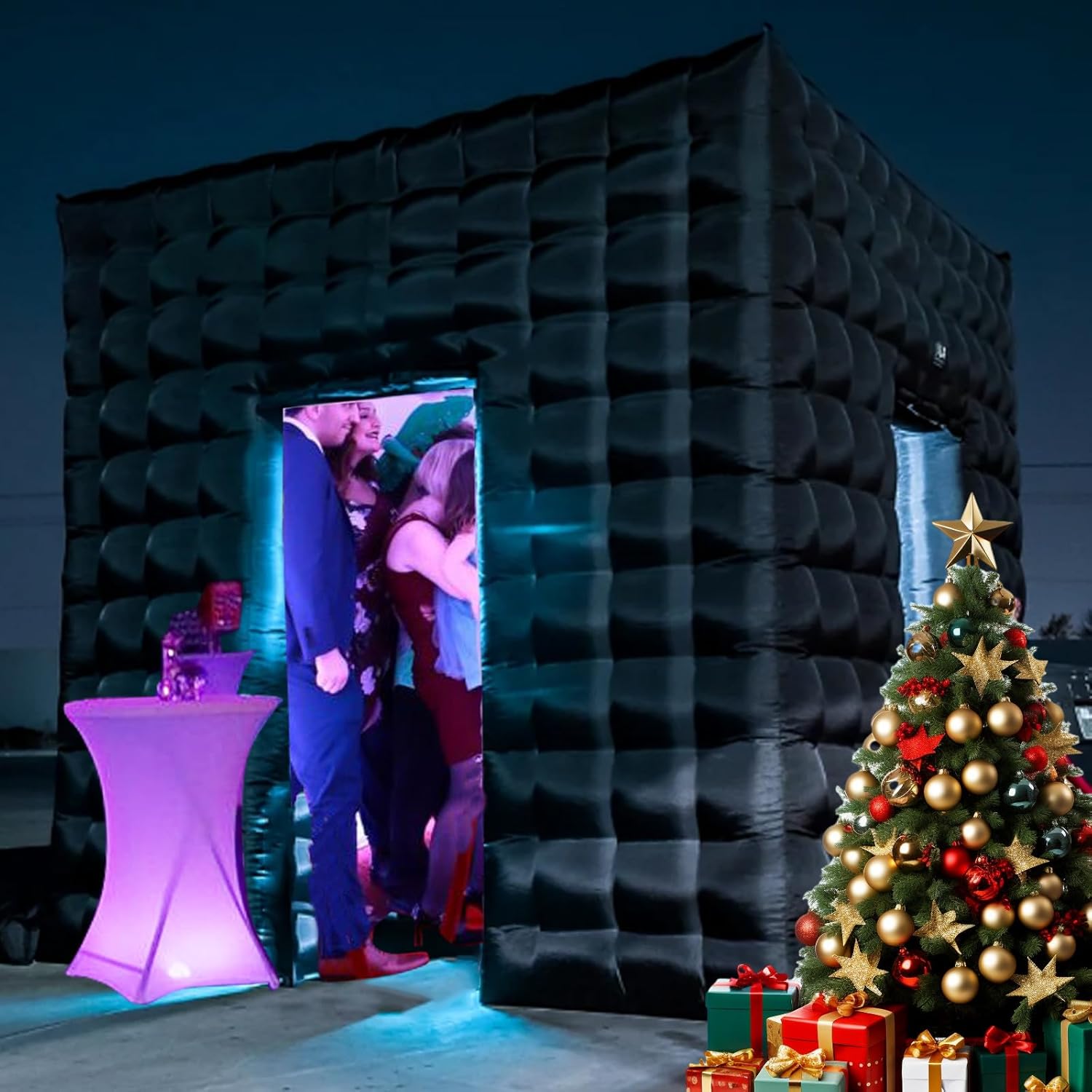 Inflatable Photo Booth Enclosure，2 Doors Black 9.2x9.2x9.2Ft,Inflatable Photo Booth Built-in LED Light Strip and Blower for Party Wedding Event