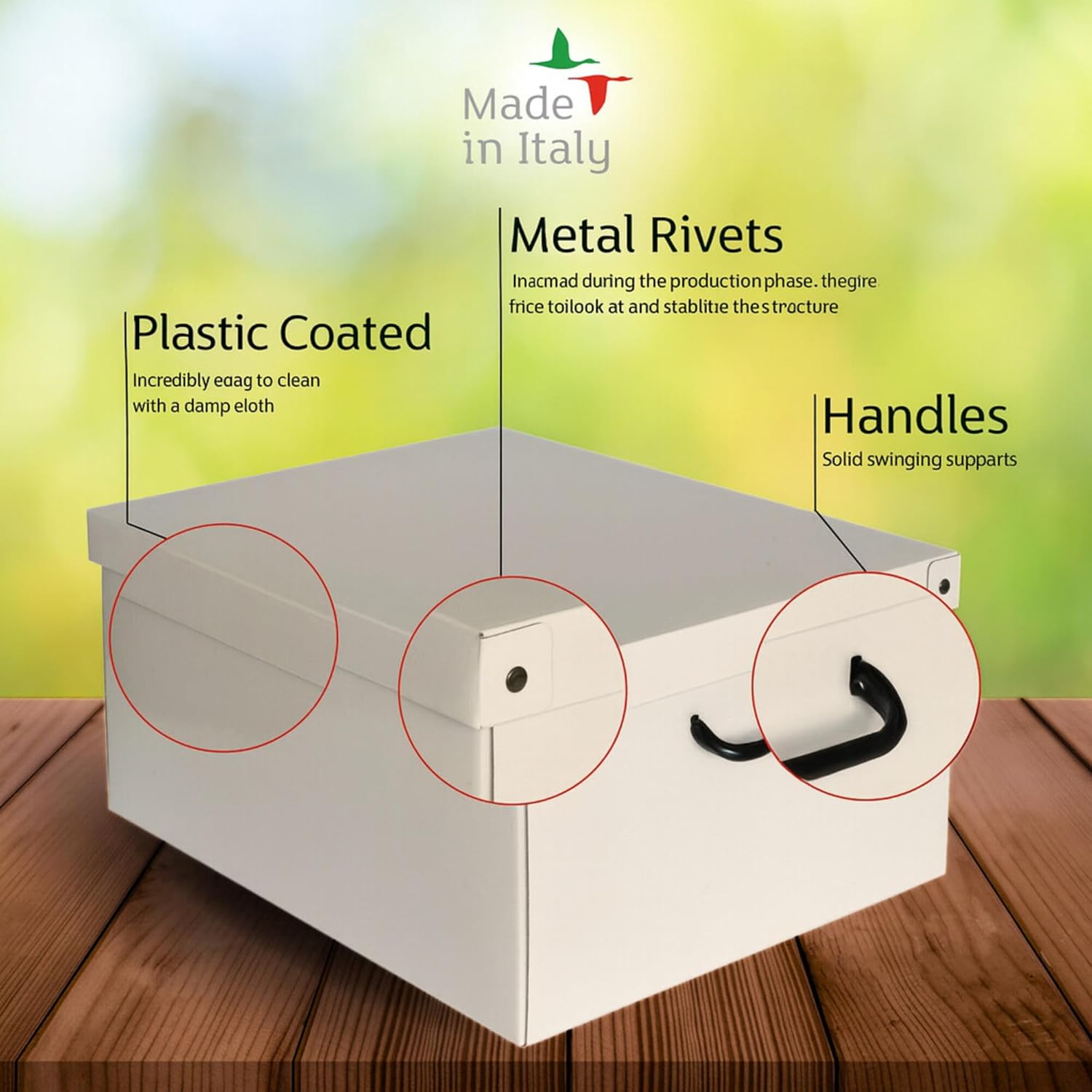 Storage Box 6 Pack: Large - Beige - Lid & Side Handles, Decorative Cardboard Organizer, Stack-Fold, Home-Clothes-Linens, 19.7 x 15.4 x 9.4