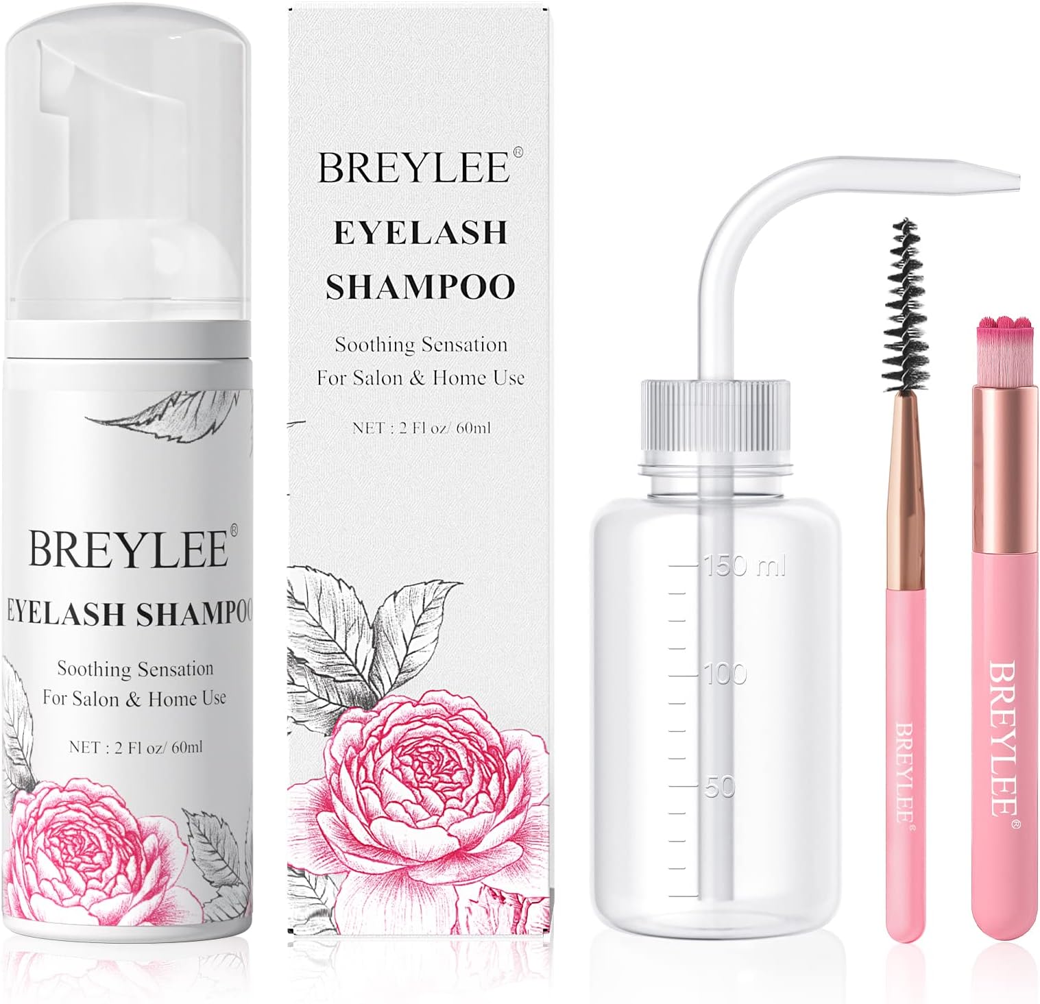 BREYLEE Lash Shampoo, 60ml+Rinse Bottle+Wand+Brush, Eyelash Extension Cleanser for Extensions, Lash Wash, Lash Bath, Lash Cleaner, Paraben & Sulfate Free for Salon and Home Use