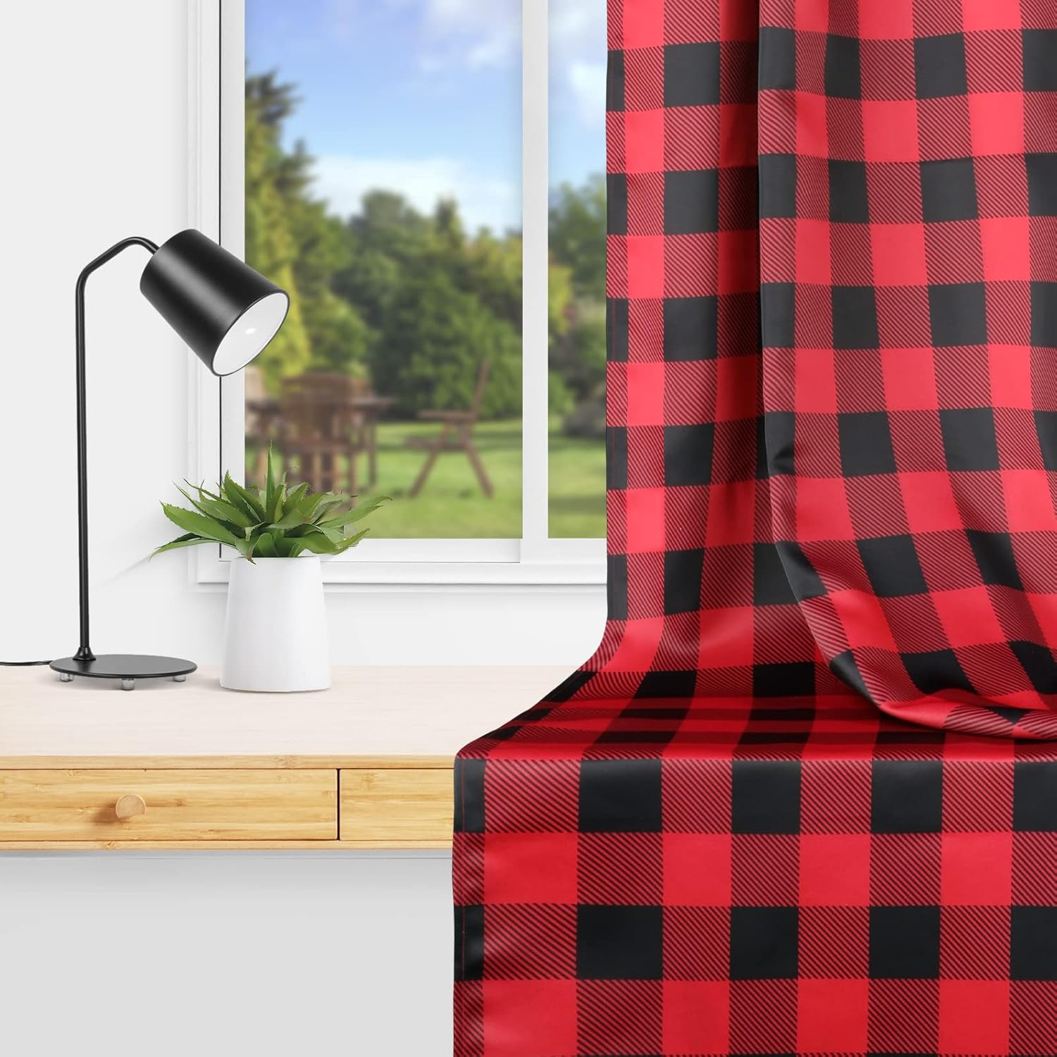 Simple Deluxe Buffalo Check Blackout Curtains Panels for Living Room, Bedroom Farmhouse Courtyard Style Room Darkening Thermal Insulated Plaid Grommet Curtain, 37" W x 63" L, Black and Red