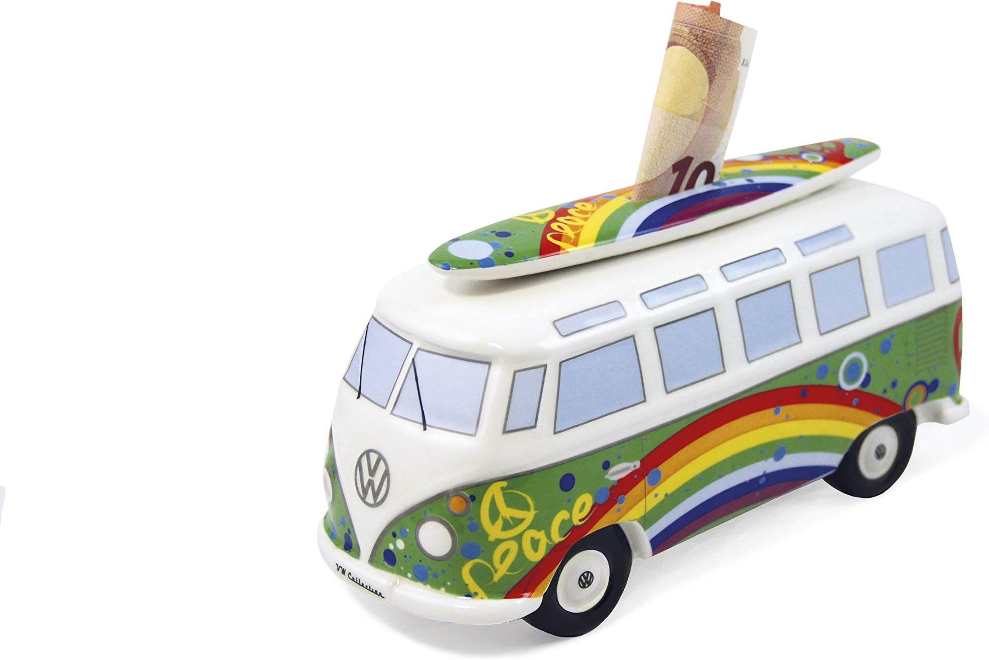 VW Collection - Volkswagen Savings Bank Piggy Bank Money Coin Box with Surfboard in T1 Bus Samba Design (Love Bus/Green)