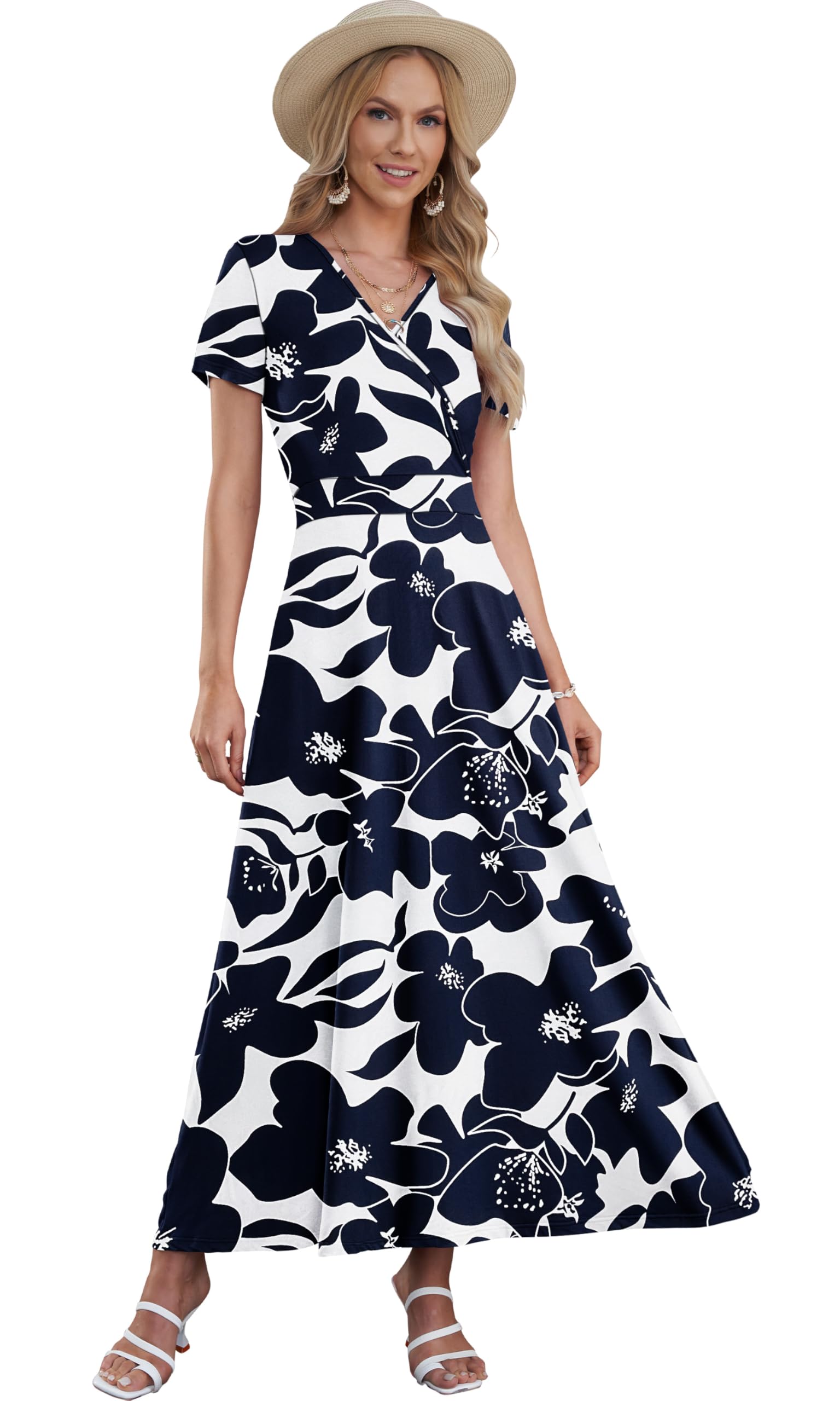 AUSELILY Robe Longue Femme Ete Col en V Manches Courtes Robe Femme Chic et Elegant Taille Haute Ligne A Cocktail Robes avec Poches