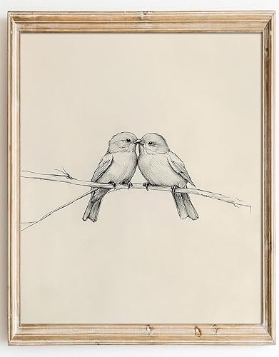 Kizbok Impresiones artísticas de pared de pájaros neutros, pájaros vintage enamorados en una rama, impresiones de pintura en lienzo para decoración
