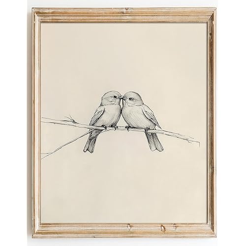Kizbok Neutral Bird Wall Art Prints, Vintage Birds in Love on a Branch Canvas Painting Prints for Wall Decor, Bedroom Wall Decor Bird Sketch Drawing Art Pictures for Farmhouse Decor, Rustic Vintage Artwork Poster for Bathroom Gallery Home Decor(8" x 10"-UNFRAMED)