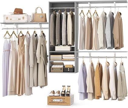 Cyclysio 96 Inch Closet System, 8 FT Hanging Closet Organizer System, Walk in Closet System with 4 Adjustable Rods and 3 Shelving Towers for 4-8FT SpacesCut-to-Fit, Gray
