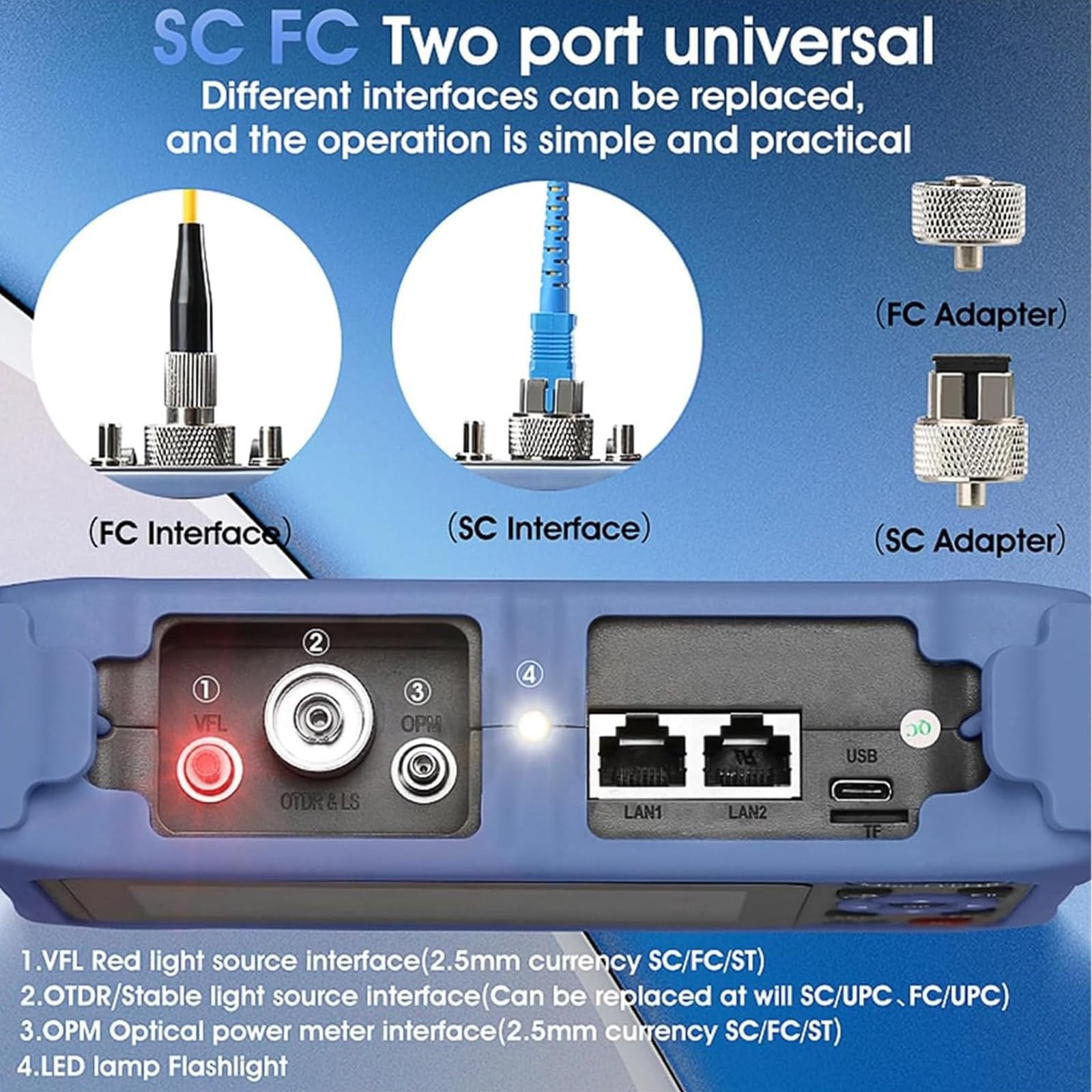 Probador de Cable de Fibra óptica Mini Otdr 1310/1550nm 26/24db Reflectómetro de Fibra óptica, Kit de sonda de inspección de Fibra óptica, Pantalla táctil VFL Ols Opm Evento