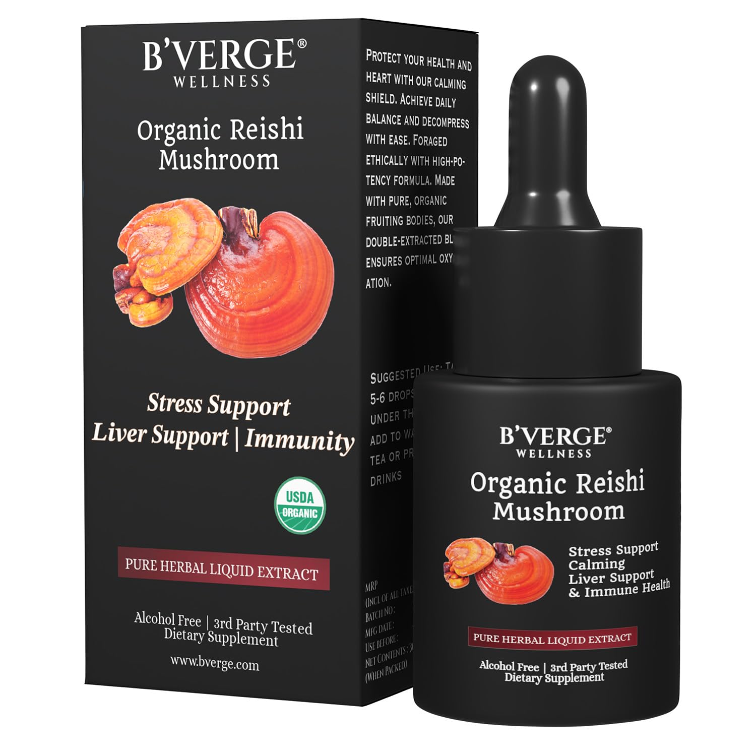 B'VERGE® Reishi Mushroom Liquid Extract: Cognitive Improvement, Mood Balance - Supports Heart Health, Stress Relief | Vegan, Organic 30 ml