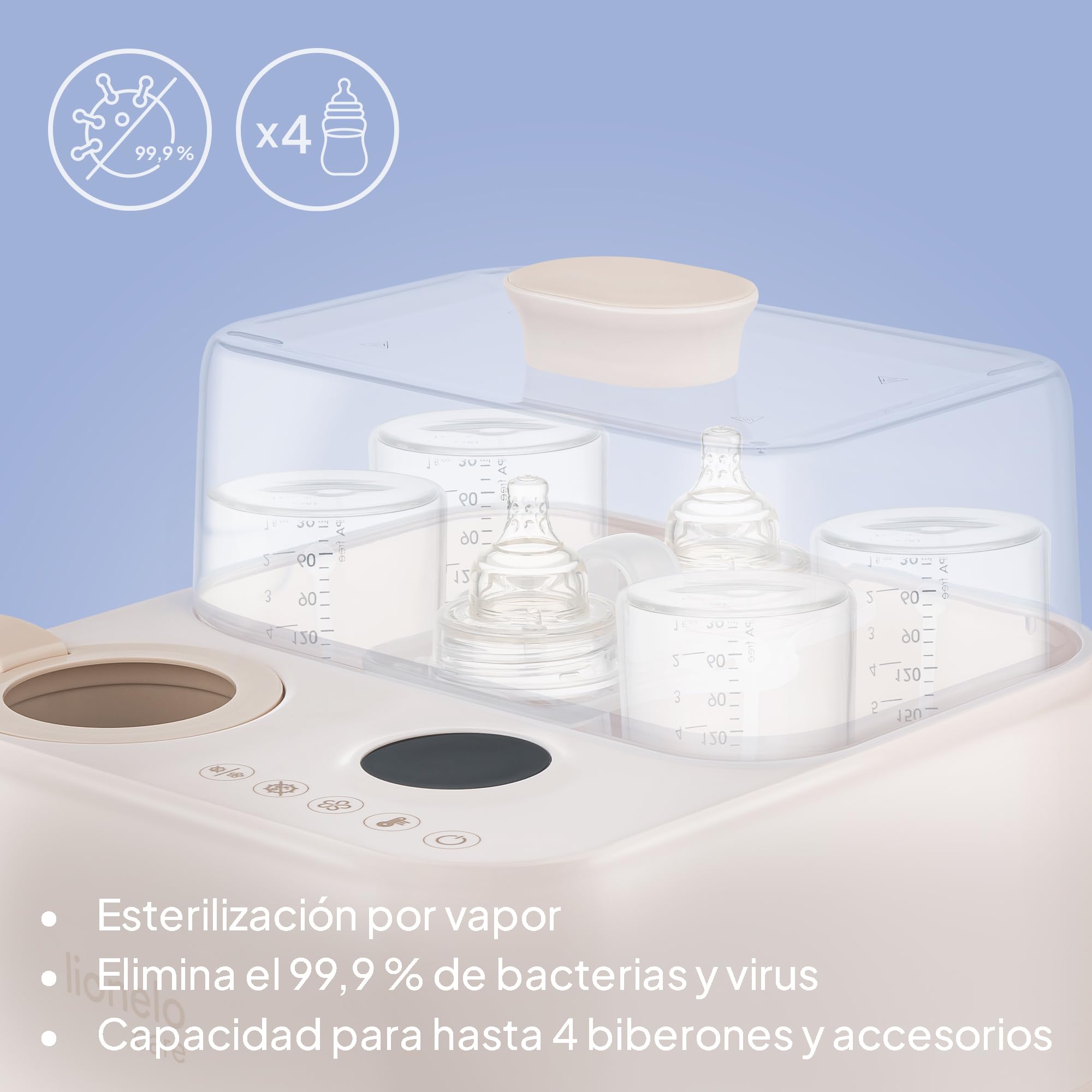 Lionelo Steamup Esterilizador Eléctrico de Biberones 3 en 1, Vapor y Secado Aire Caliente, Calentador de Biberones con Sonda, Panel Táctil Digital, Sin Bpa, Apagado Automático, 4 Biberones, 220–240v | Con secadora y calentador de biberones, esterilizador