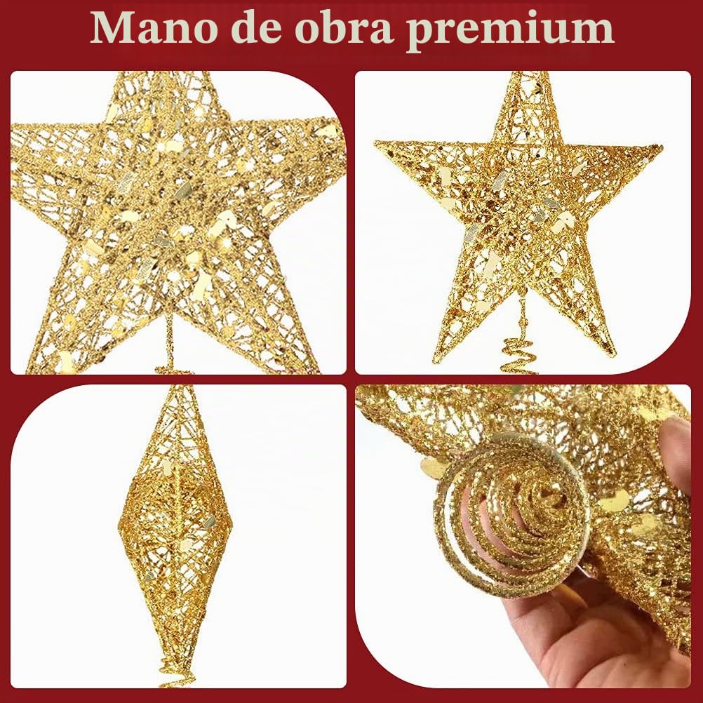 Estrella Dorada para Árbol de Navidad - Decoración Superior con Purpurina, 20 cm - Adorno de Alambre de Metal para el Hogar