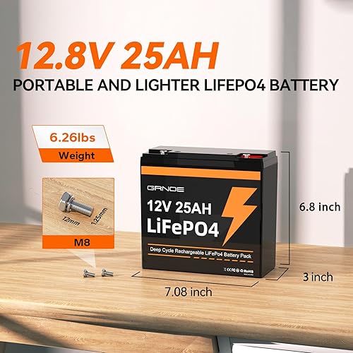 Miniatura 4 de Batería LiFePO4 de 12 V 25 Ah, batería de litio recargable de hasta 3000 ciclos profundos con BMS integrado de 20 A para sistema solar, RVs, ruedas