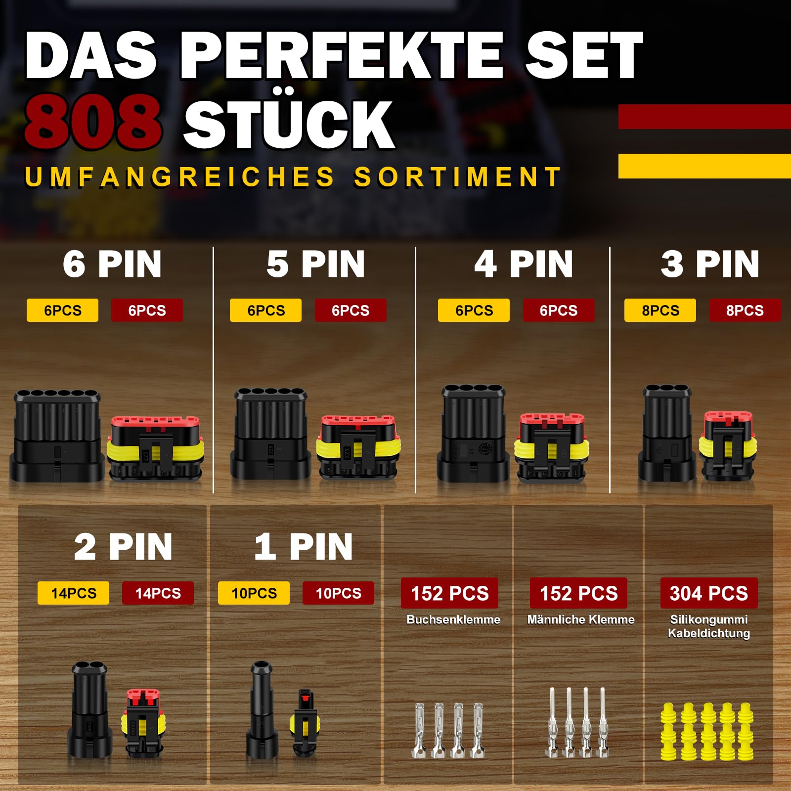 moveland kfz Stecker 808PCS - Schnell kfz Steckverbinder Wasserdicht 1/2/3/4/5/6 Polig - Dicht Stecker kfz für Auto, LKW, Boot, Motorrad(Anwendbarer Kabeldurchmesser: 1.5mm², 300V, 12A)