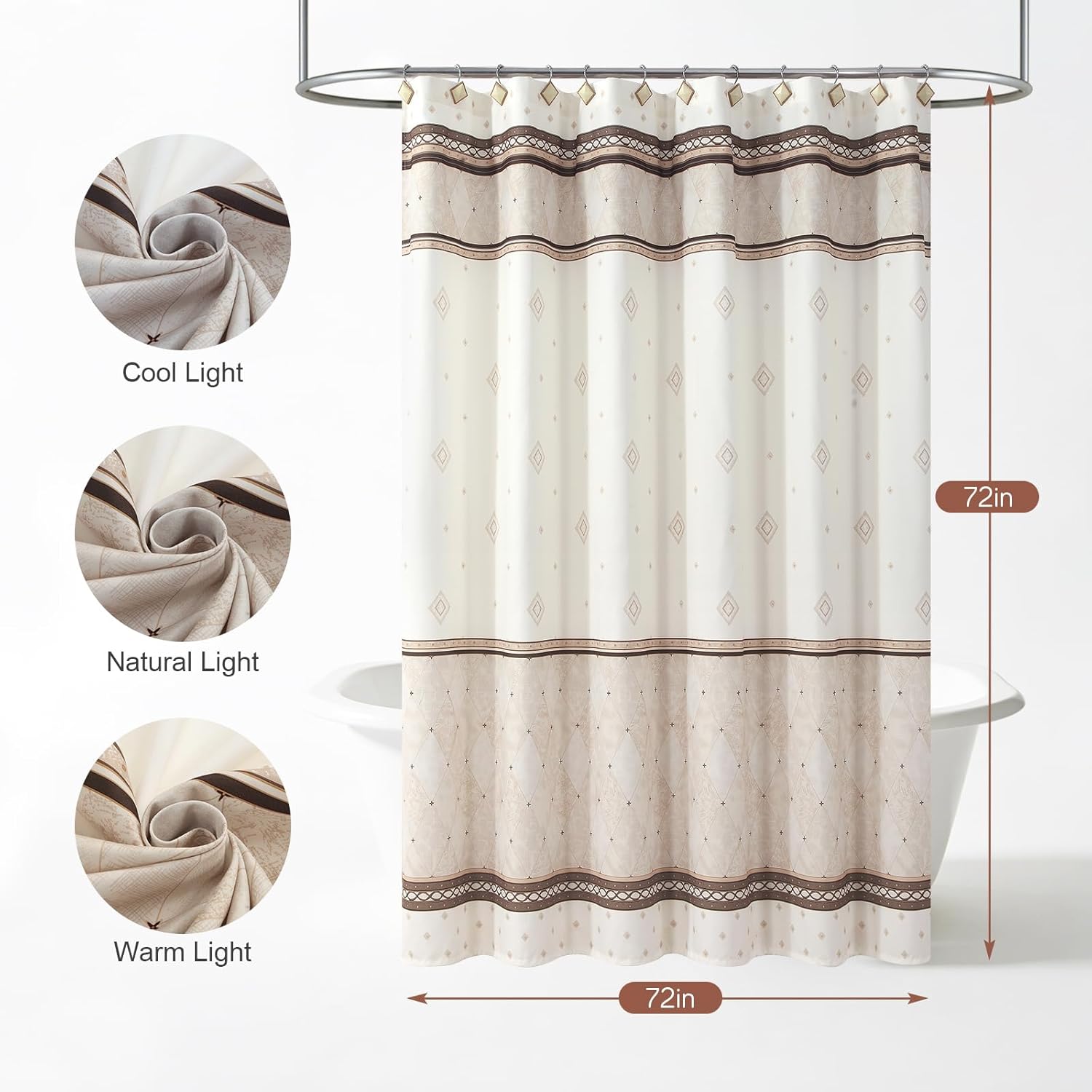 Vintage Beige Shower Curtain,Cream Ivory Fabric Bath Curtains Rhombus Printed Waterproof Corinthia Decorative for Bathroom,72 inches W x 72 inches H