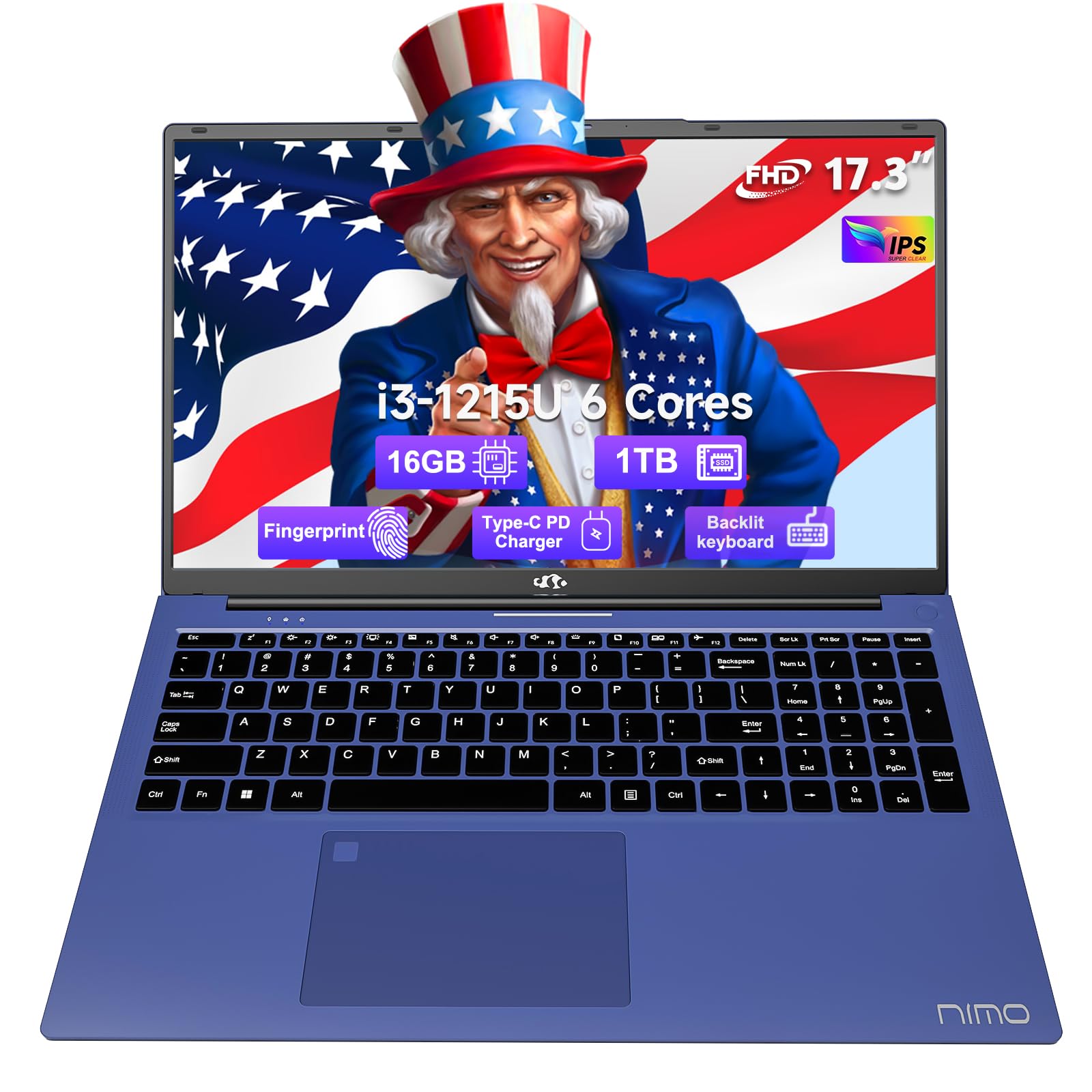 NIMO 17.3 Business-Laptop, 16GB RAM 1TB SSD, Intel Core i3-1215U, Windows 11 Computer PC with Backlit Keyboard Fingerprint Unlock 65W Type-C WiFi 6 BT5.2 54Wh Battery for Students Seniors Home Office