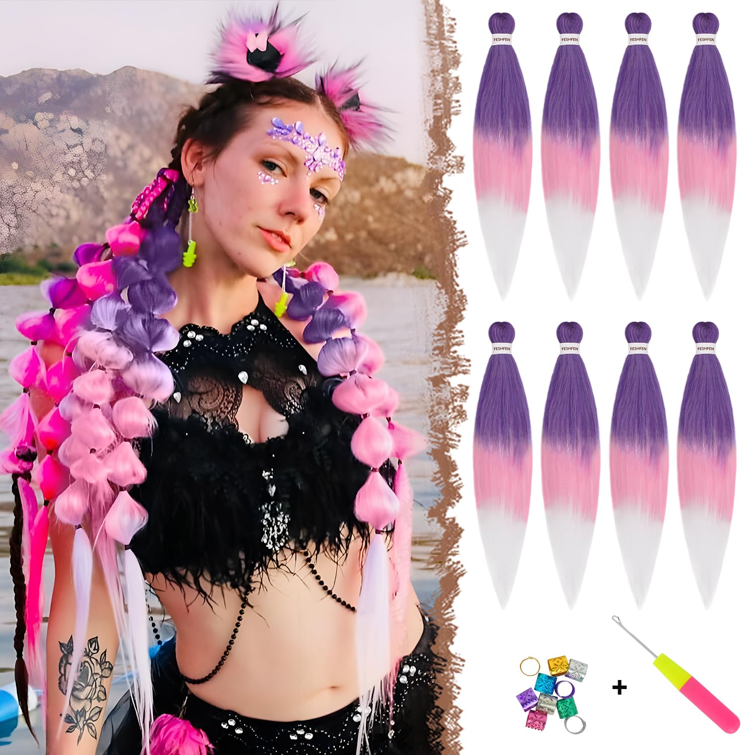 FESHFEN Extensiones para Trenzas Africanas 8 Piezas Pre Stretched Braiding Extensiones de Cabello Trenzado Sintetico Twist Crochet Braid Extensión Pelo Postizo Violeta/Rosa Oscuro/Blanco, 65 cm