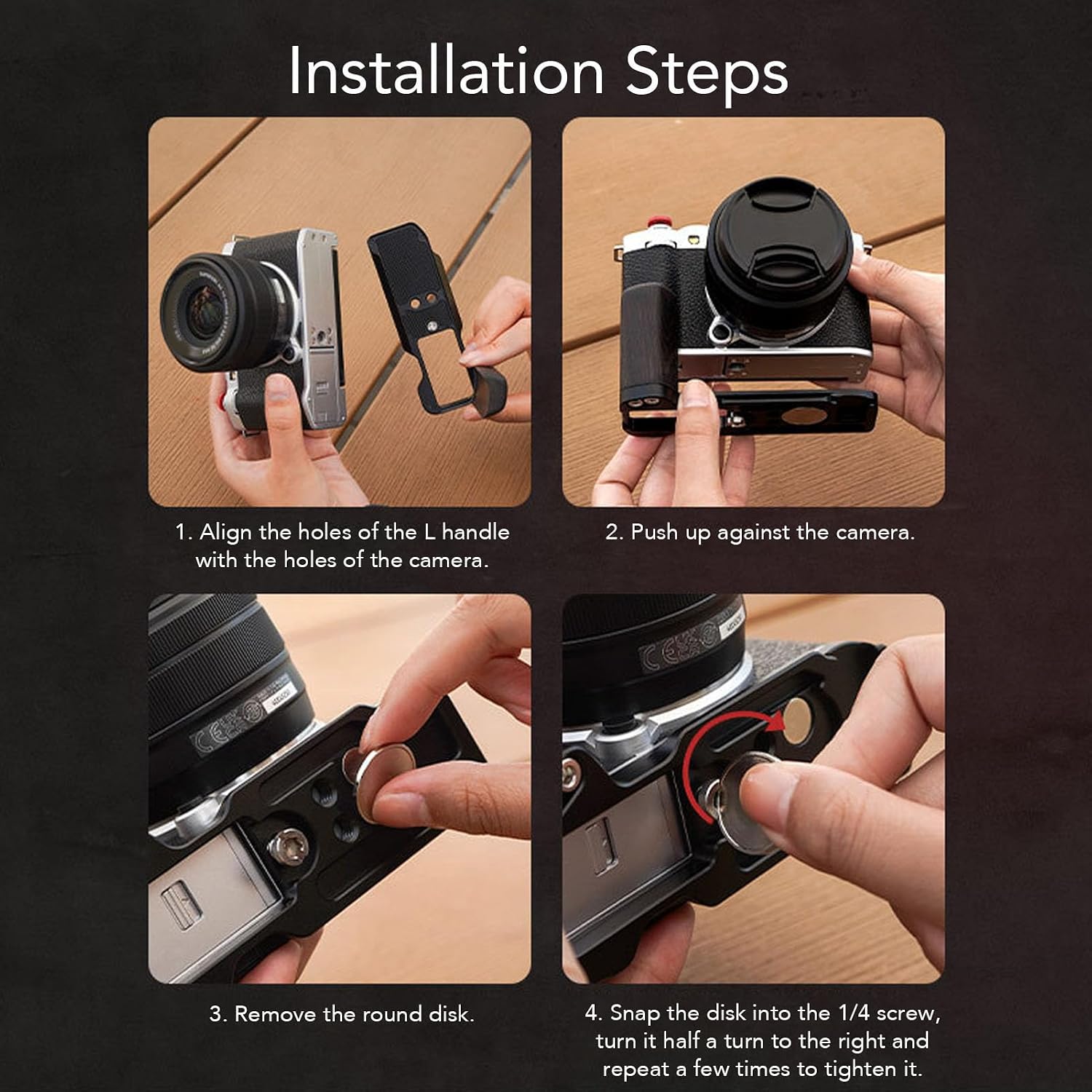 Zopsc L-Shape Camera Handgrip Bracket, Aluminum Alloy L Bracket with Quick Release Plate, Wood Handle Shutter Key for Arca Compatible Mirrorless Camera, Silver