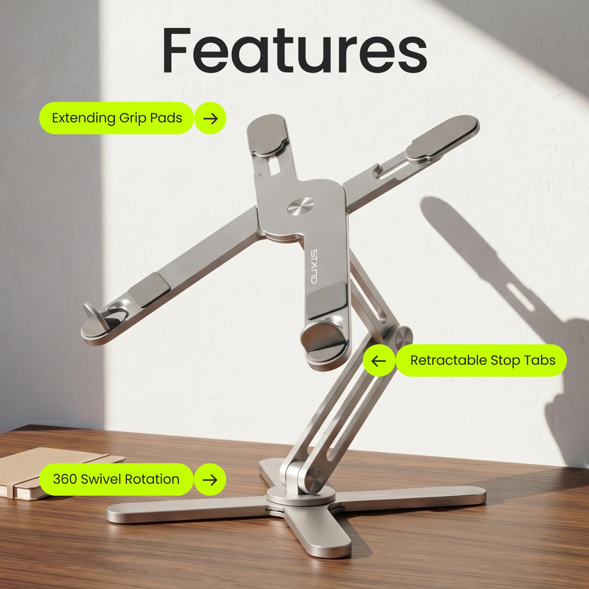 Model-X 2.0 - Soporte para computadora portátil, altura ajustable, soporte giratorio de 360 grados, soporte plegable de aluminio para MacBook Pro Air de 10 a 17 pulgadas (blanco polar)