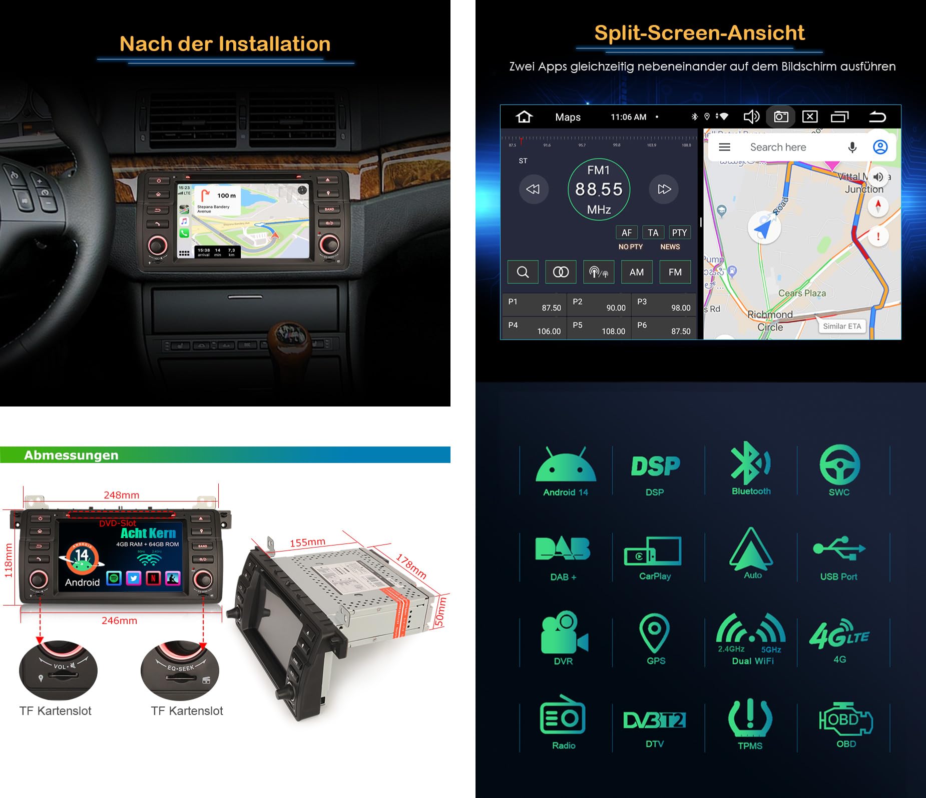 Erisin 7 Pulgadas 8-Core 4GB+64GB Android 13 Radio Coche Bluetooth Estéreo Navegación de Automóvil para BMW E46 Serie 3 M3 Rover 75 MG ZT GPS Carplay Android Auto WiFi DSP RDS OBD2 Dab+ USB FM CD DVD