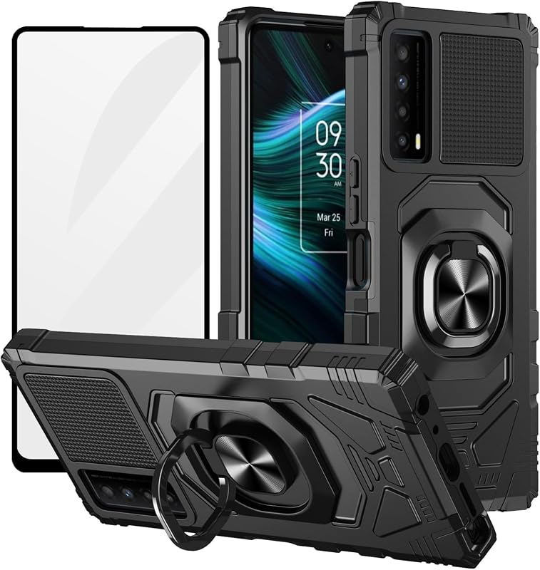 Ailiber for TCL Stylus 5G 2022/T779W Stand Case, Screen Protector-Black | Flexible Stable Ring Kickstand Holder Military-Grade Drop Protection, Build-in Metal for Magnet Car Mount Armor Cover