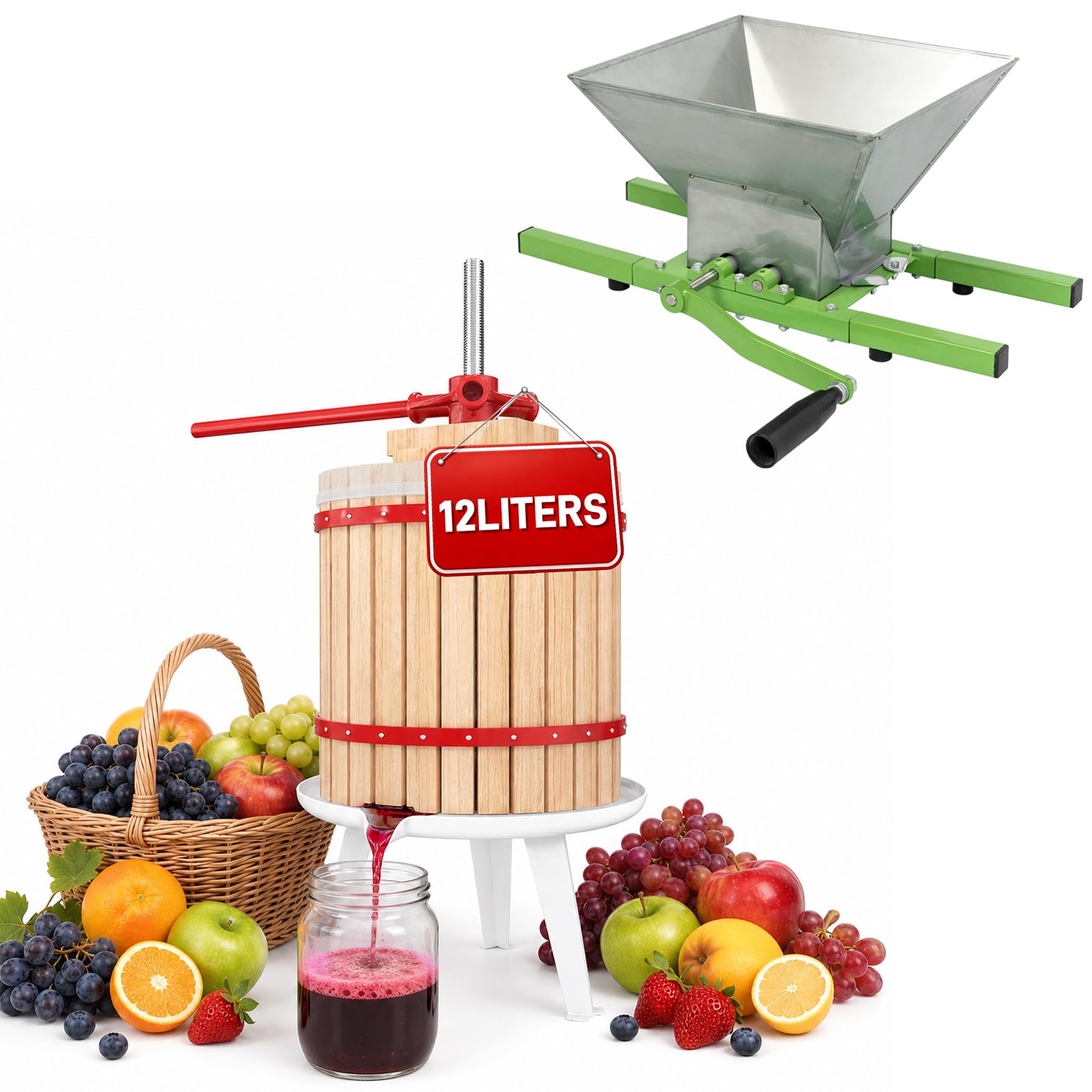 Froadp Set Pressa Mobile per Vino incl. 12L Torchio da Frutta + 7L Macina per Frutta e Verdura in Acciaio Inox Schiacciare Presse Set per la Produzione di Birra Vini di Frutta Succo di Mela
