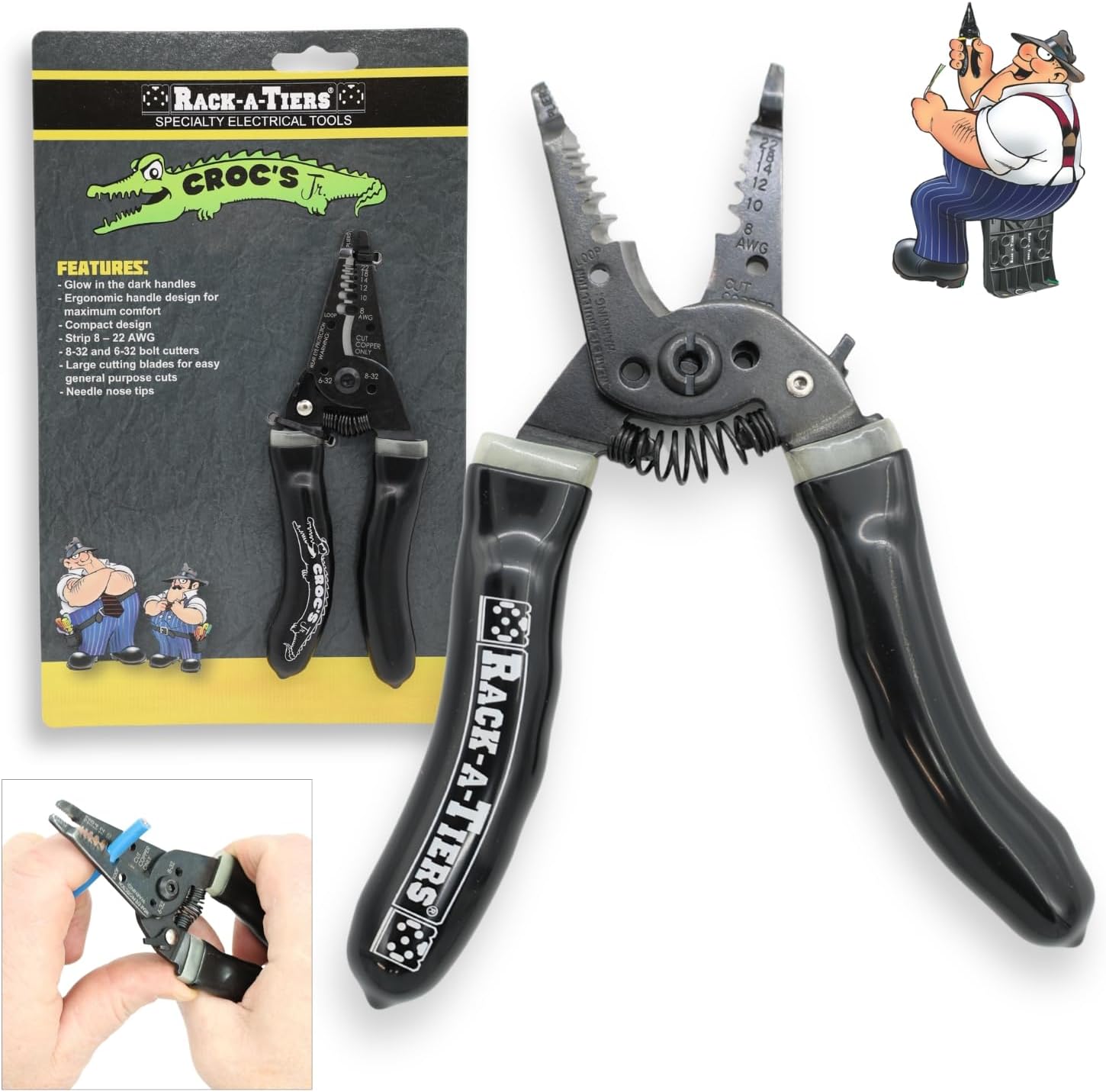 Rack-A-Tiers Croc's Jr. Needle Nose Wire Strippers, AWG 10-22, Electrician Wire Crimper & Stripper, Wire Stripper Cutter, Ergonomic Glow-in-the-Dark Handles, Wire Insulation Stripper (47002)