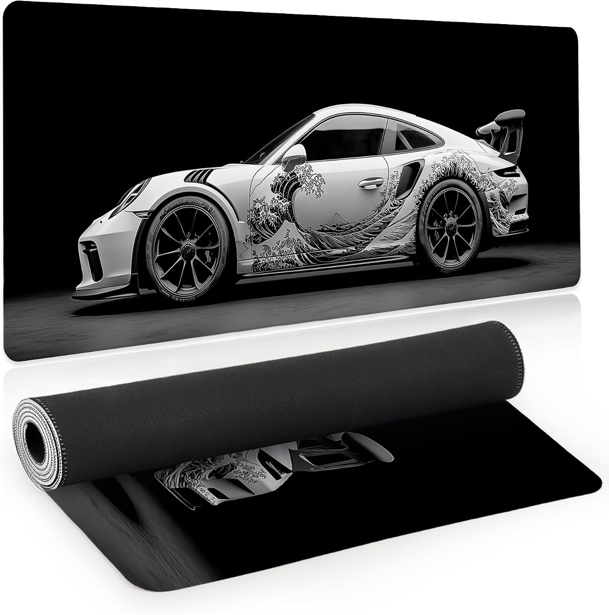 Sports Car Gaming Mouse Pad, Desk Mat, Large Mousepad with Stitched Edges Non-Slip Rubber Base, XL Extended Computer Keyboard Pad, Office&Home, 31.5x11.8in, Black Kanagawa Wave