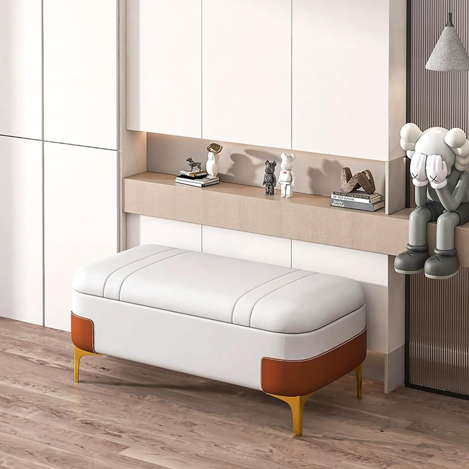 Banc à chaussures moderne blanc de 80cm pour optimiser le rangement d'un salon élégant
