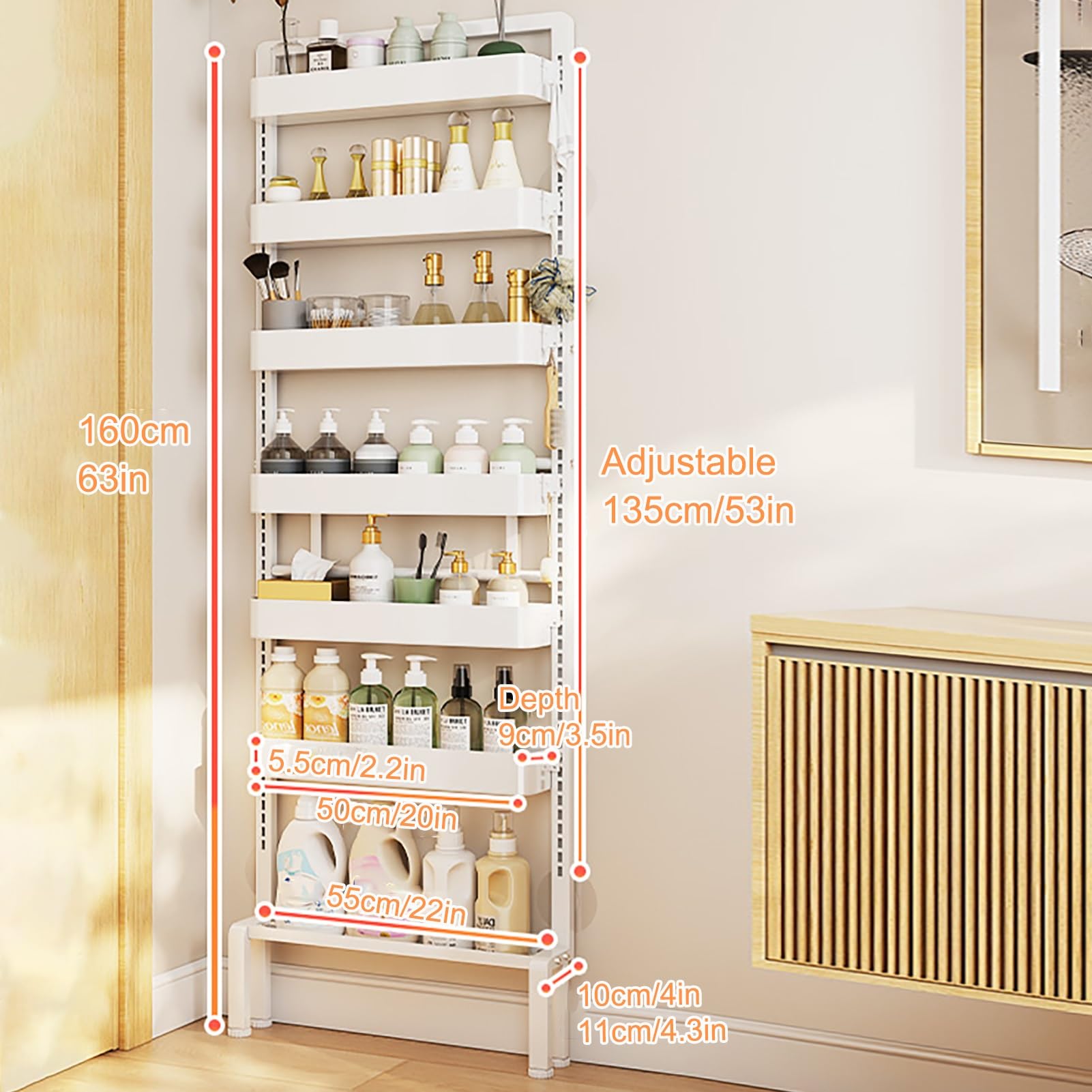 Lagerregal mit 7 Ebenen, Rutschfestes Stabiles Bad Badregal, Offene Ablagen, Industrie-Design, Aufbewahrungsregal für Wohnzimmer, Büro, Schlafzimmer, Arbeitszimmer(55*10*160cm/22*4*63in)