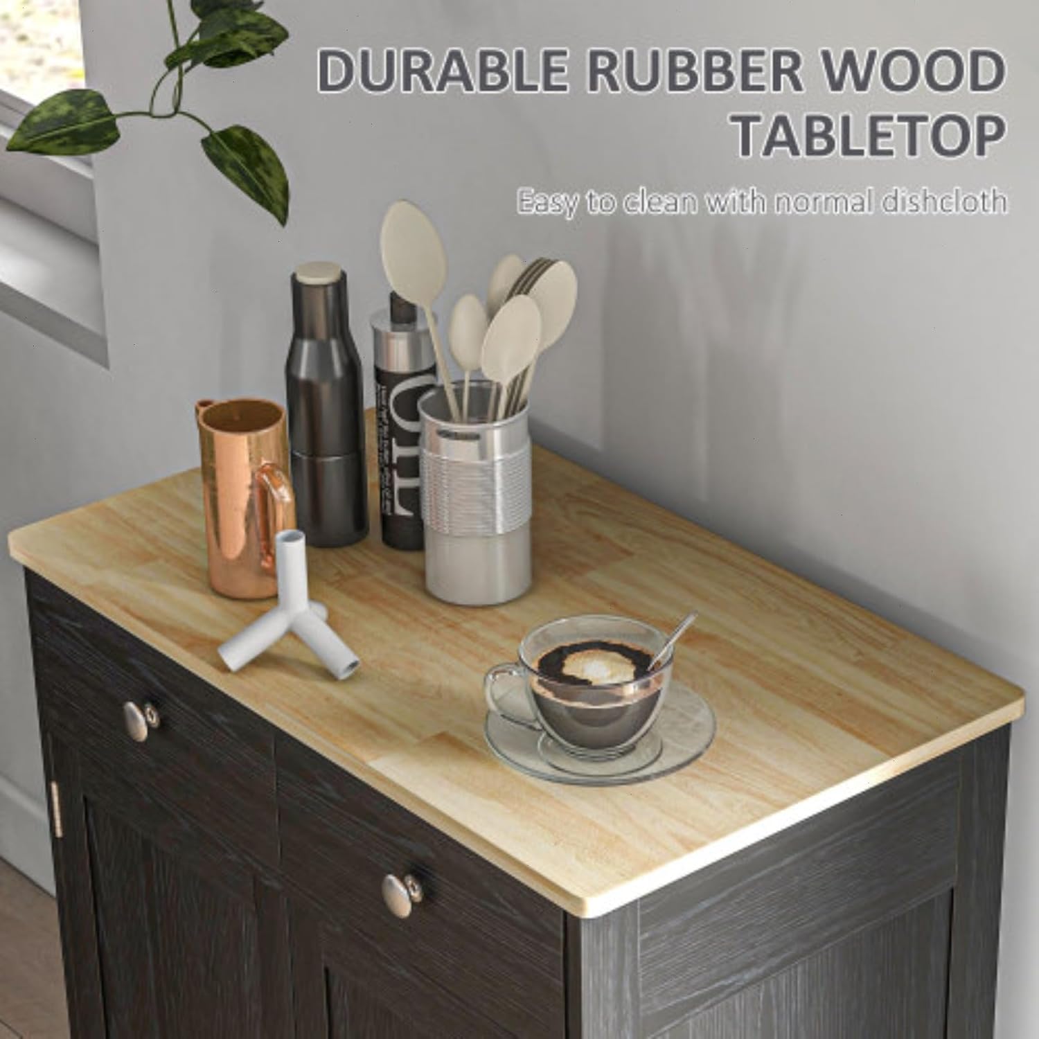 Sideboard Buffet Cabinet with Solid Wood Countertop, Modern Kitchen Storage Cabinet, Coffee Bar Cabinet with 2 Drawers, Doors and Adjustable Shelf, Black