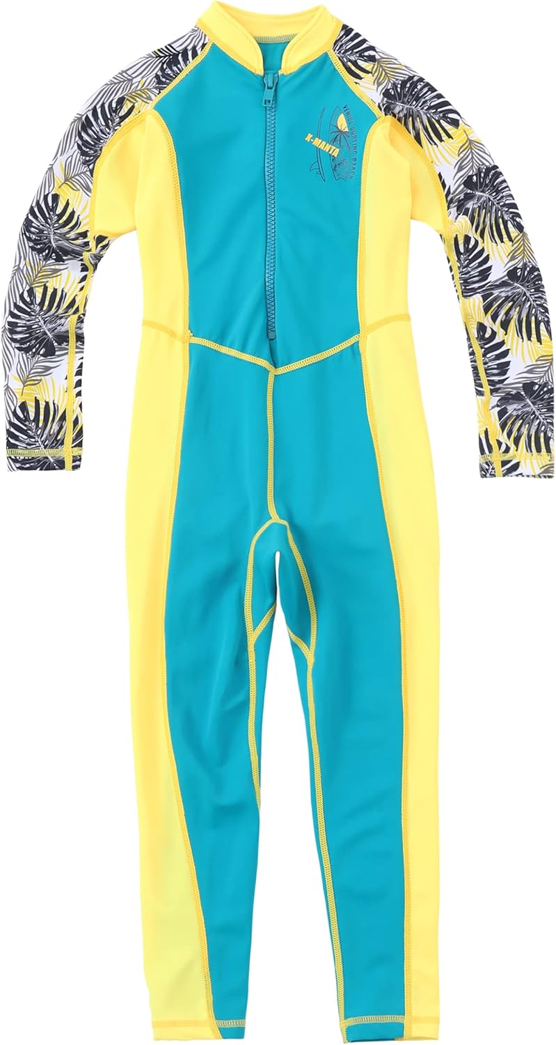 Boys Girls Full Body Swimsuit Color Block One Piece UPF 50 Long Sleeve Rash Guard for Kids