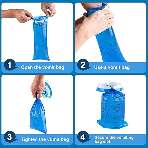 Vista 9 de Paquete de 40 bolsas de vómito desechables, resistentes a fugas, bolsa portátil azul para vómitos, 33.8 fl oz Emesis Vomit, vómito para vómito