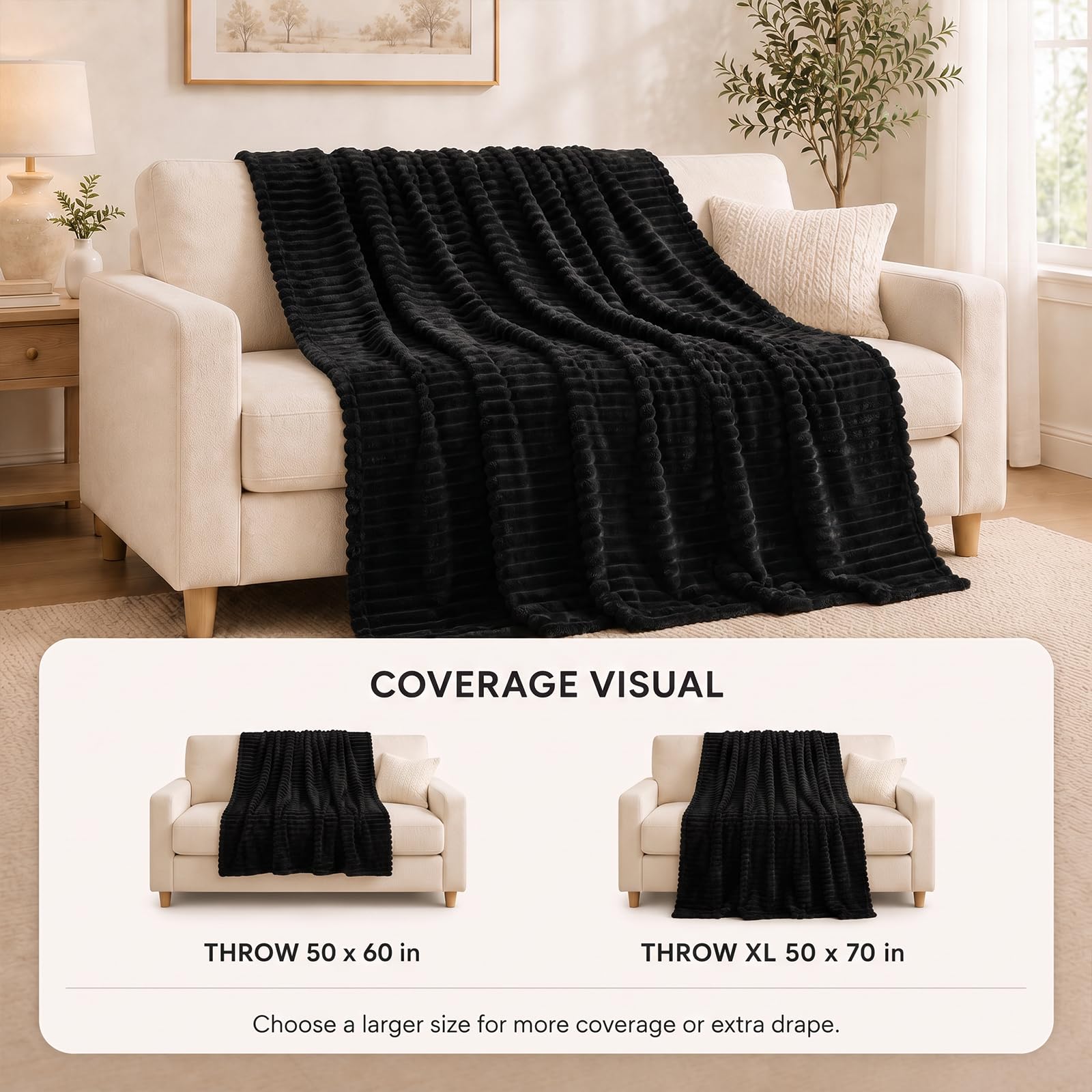 HIMEET Black Throw Blanket for Couch, 300GSM Ribbed Fleece, 50 x 60 Inches view 3