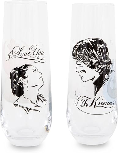 Star Wars Han and Leia "I Love You, I Know" - Juego de 2 vasos estriados sin tallo de 9 onzas, tazas de copa de champán para tostadas para vino,