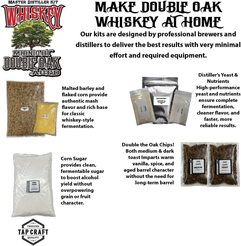 – Midnight Double Oak Aged Whiskey Recipe Mash Kit – Make Your Own Bold, Barrel-Aged Whiskey at Home – DIY Distilling Kit with Medium & Heavy Toast Oak – No Flavoring Added