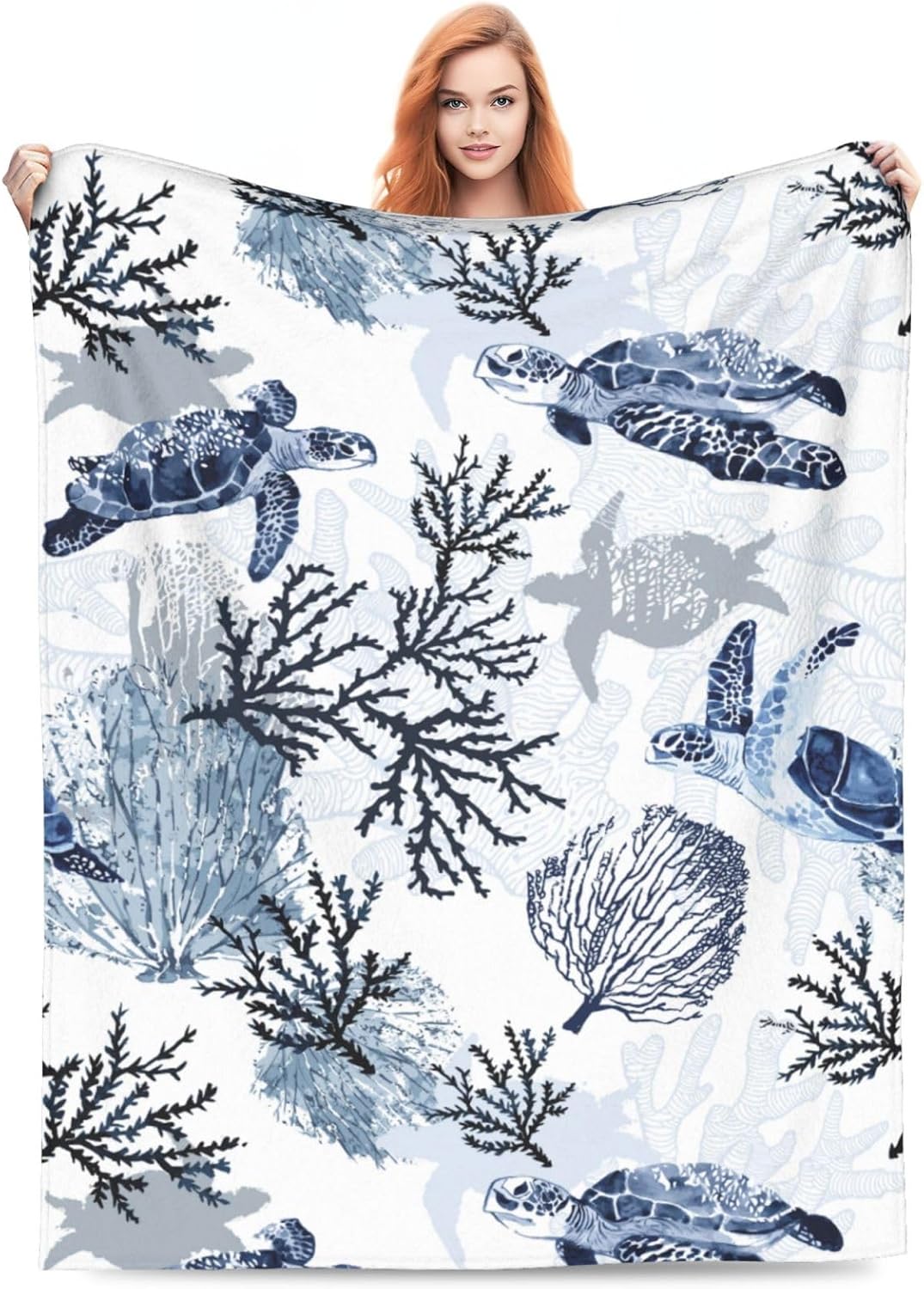 Sea Turtle Coral Blanket, Ocean Nautical Flannel Throw Blanket Soft Travel Blanket for Bed Couch Sofa Indoor Outdoor Use Gift for Women Men Girls Boys All Season 60"x50"