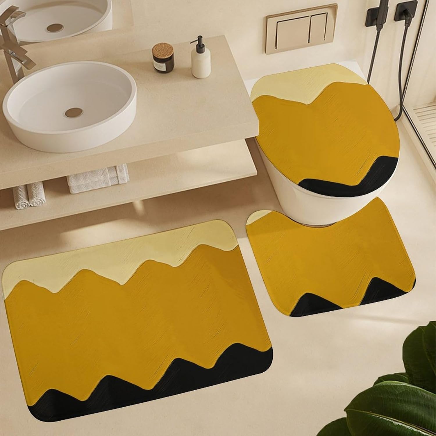 Four Piece Bathroom Set with Toilet Lid Cover and Non-Slip Rugs Minimalist Shower Curtain for Bathroom Set