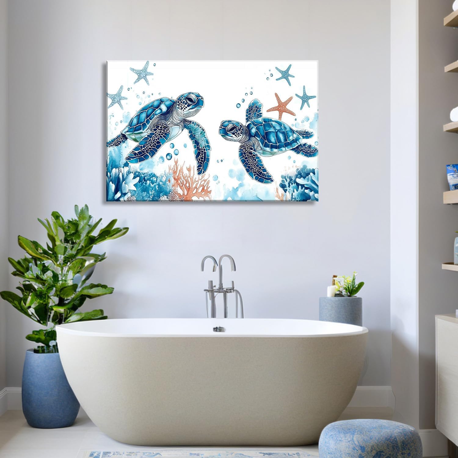 Sea Turtle Canvas Wall Art Ocean Wall Decor Framed Two Sea Turtles Corals Starfish Picture Coastal Painting Watercolor Prints for Living Room Bathroom Ready to Hang - 12.00"x18.00"