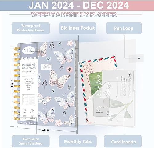 Miniatura 2 de Agenda semanal y mensual 2024, calendario anual de planificación de tareas 2024, agenda 2024 con pestañas mensuales, bolsillo interior, cubierta