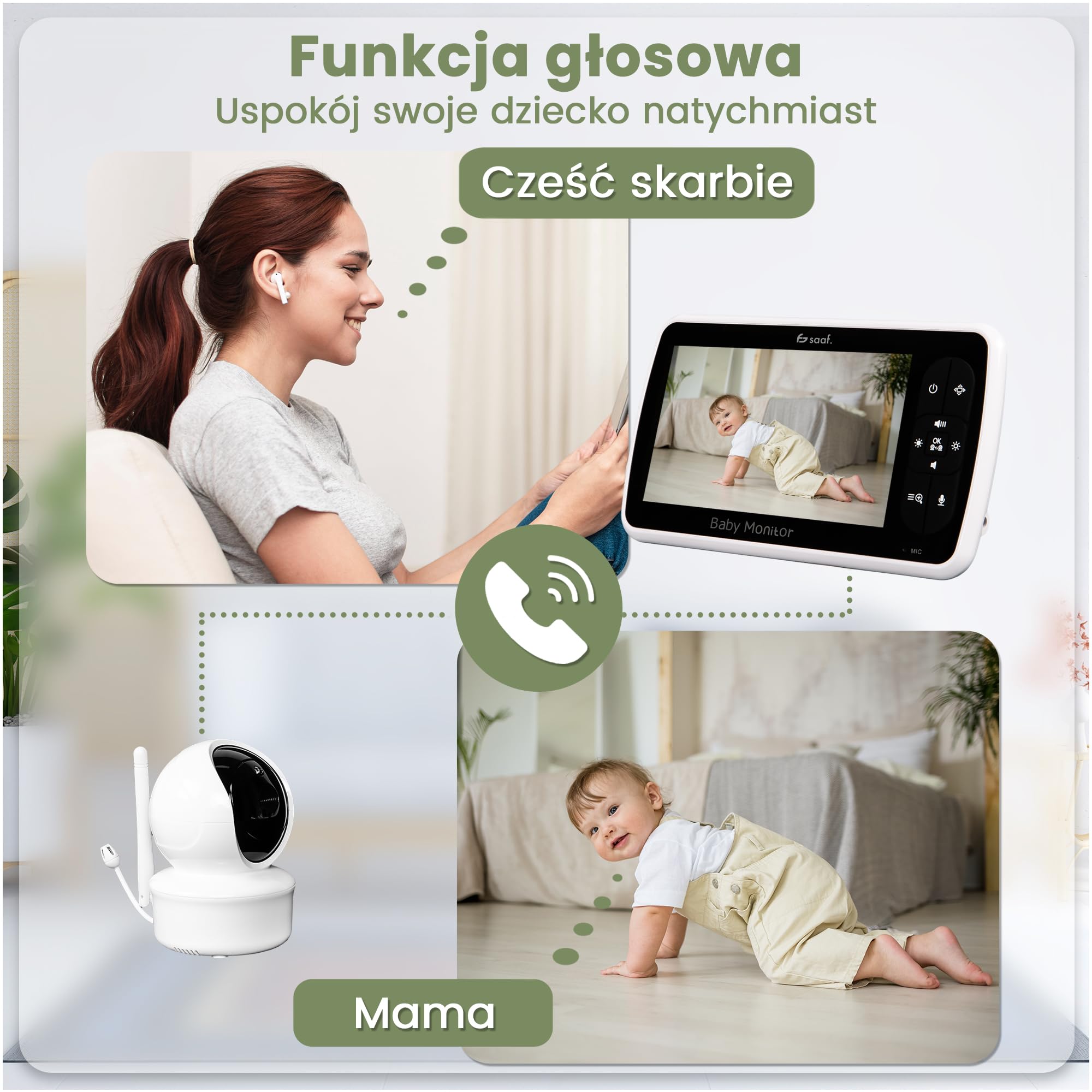 Saaf Niania Elektroniczna z Kamerą i Ekranem 5” – Obracana i Nachylana Kamera z Funkcją Zoom – Funkcja Rozmowy & Widzenie Nocne – Regulowana Jasność – Elastyczny Stojak w Zestawie
