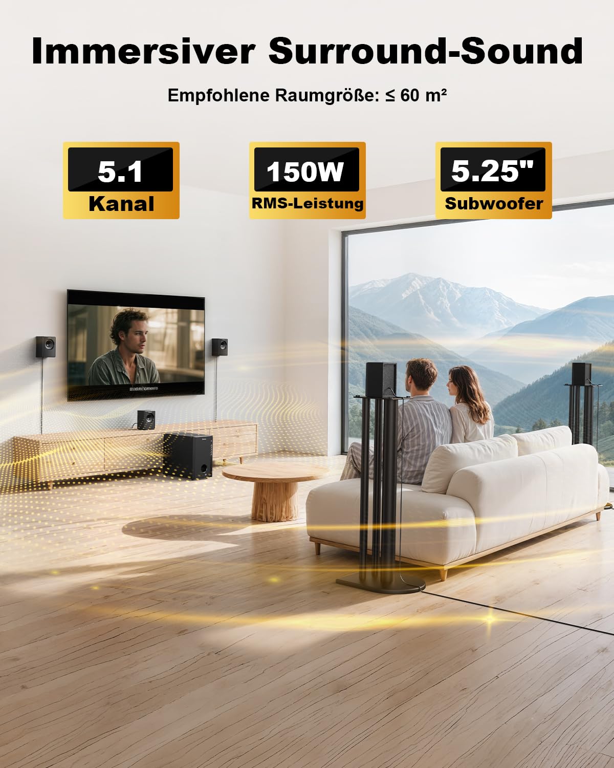 Bobtot 5.1 heimkino Soundsystem mit 600 Watt Spitzenleistung | 5,25 Zoll Subwoofer, 5.1 Surround Sound System heimkino Lautsprecher mit FM-Radio, Bluetooth, AUX, DVD