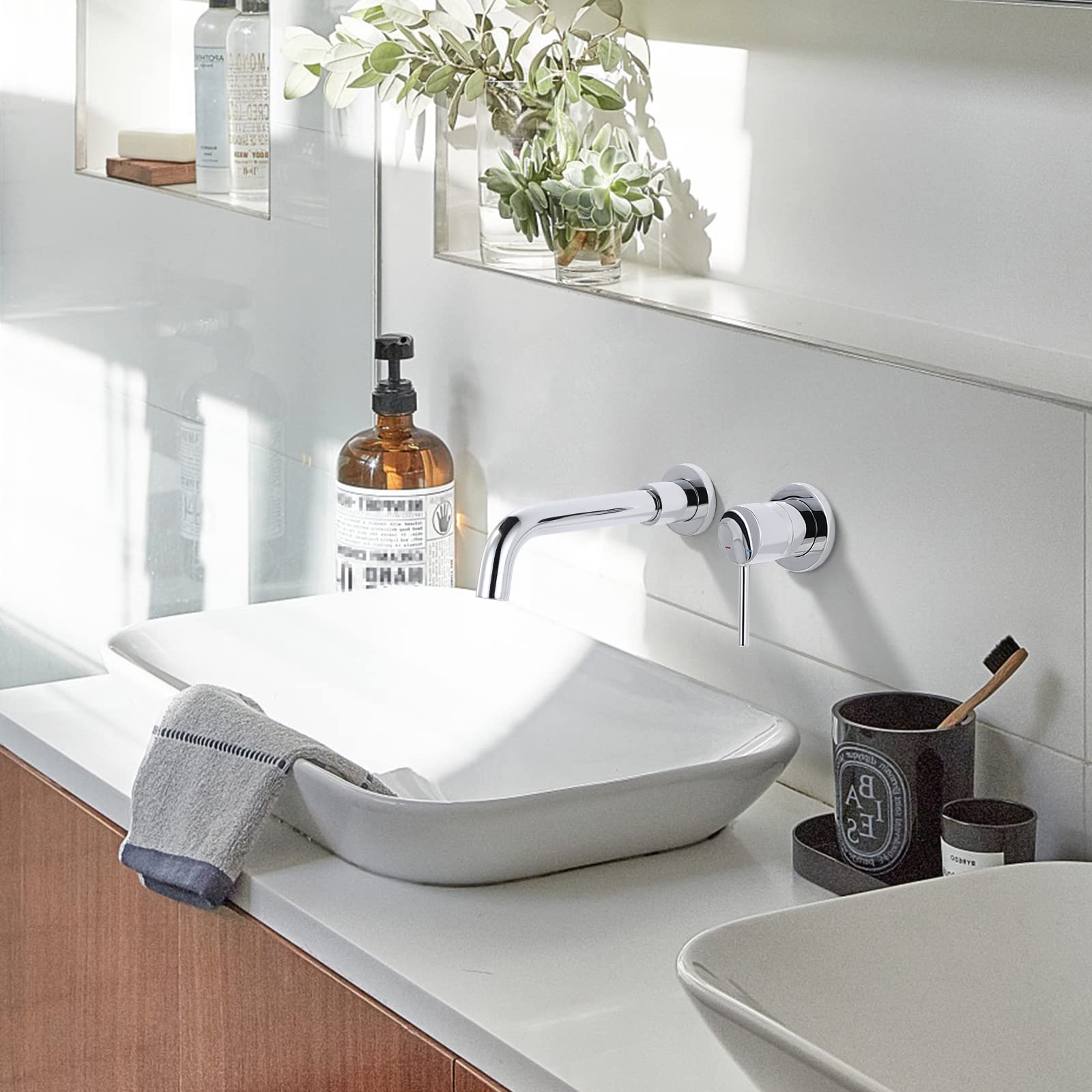 Mitigeur Lavabo Mural Rotatif à 360° Robinet Salle de Bain pour Baignoire et Lavabo Robinetterie Vasque Encastré Mural Design Moderne, Chromé