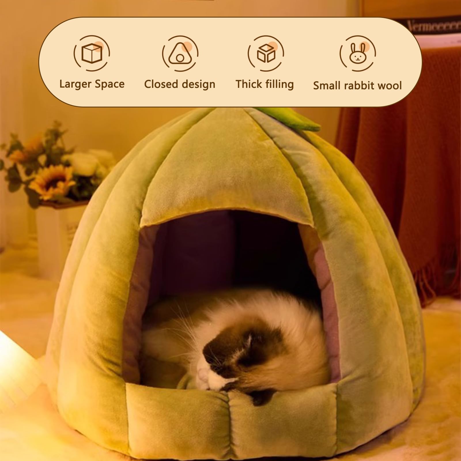 Galatée Lit pour Chat Et Chien - Tente Igloo en Peluche Douce avec Coussin Amovible Et Lavable, Maison Chaude pour Animaux De Compagnie (L, Vert)