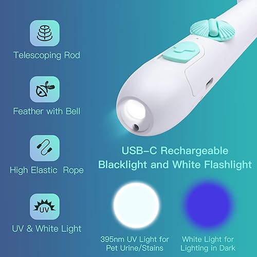 Miniatura 2 de SEVENKA Juguete para gatos 3 en 1, linterna UV recargable y varilla retráctil con juguete de plumas, luz blanca USB-C y luz negra de 395 nm