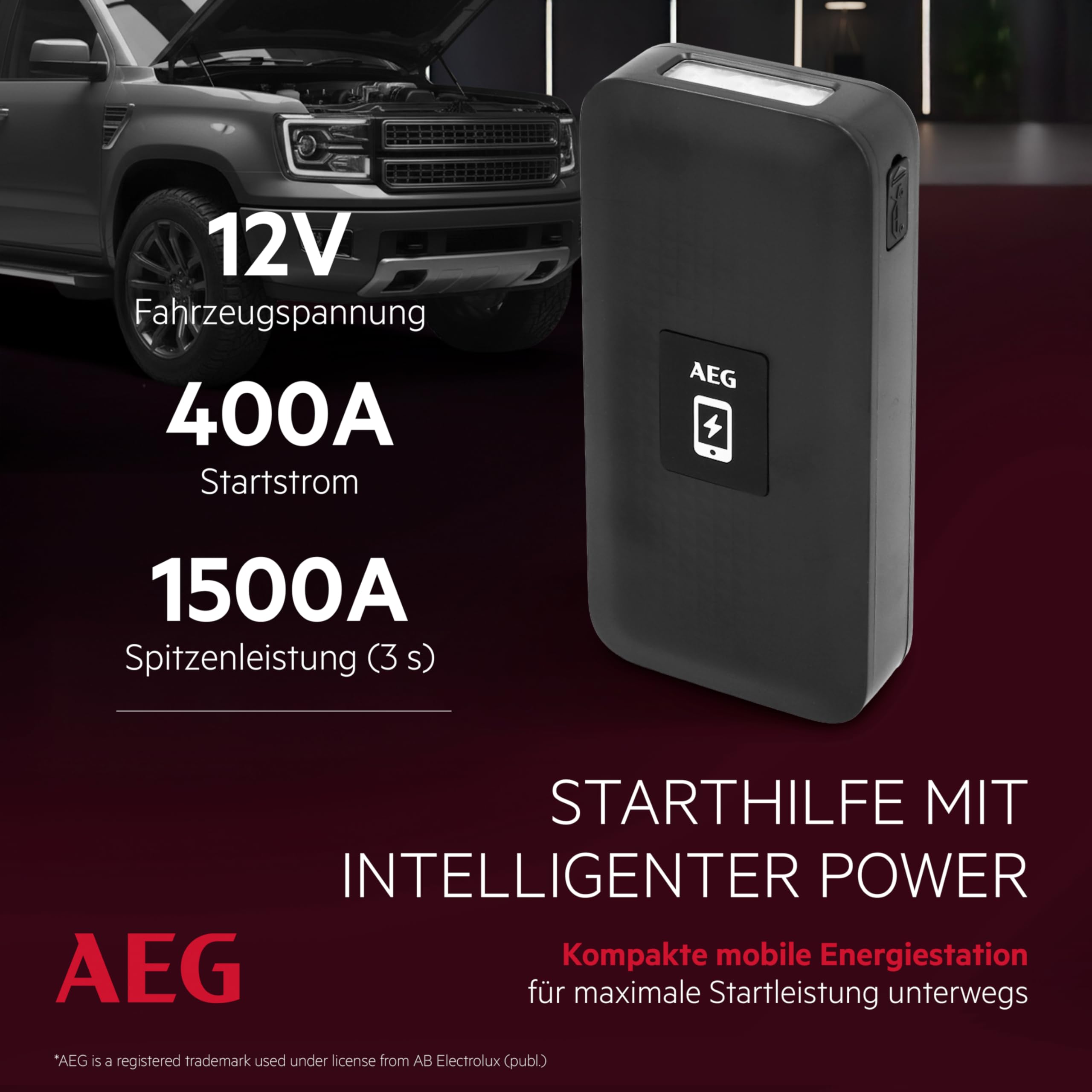 AEG Jumpstarter JS15, Auto Starthilfe, Powerbank für kabelloses Laden, mit integrierter LED-Lampe, mit Li-Ion-Akku, 400A/1500A, schwarz