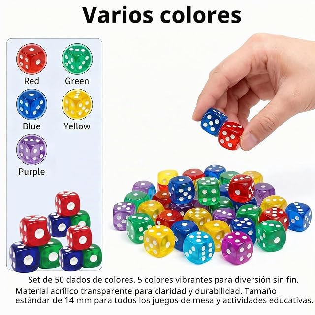 Foto 4 de 6 de Set de 50 Dados Multicolores de Acrílico de 14mm con Esquinas Redondeadas para Juegos de Mesa, Fiestas, Bares