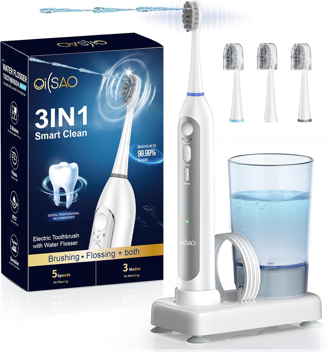 Electric Toothbrush with Water Flosser, Upgraded 2.0 Flossing Toothbrush with 5 Speeds & 3 Modes, 30 Days/Charge, for Teeth Cleaning and Plaque Removal, Sensitive Teeth & Dental Implants-White