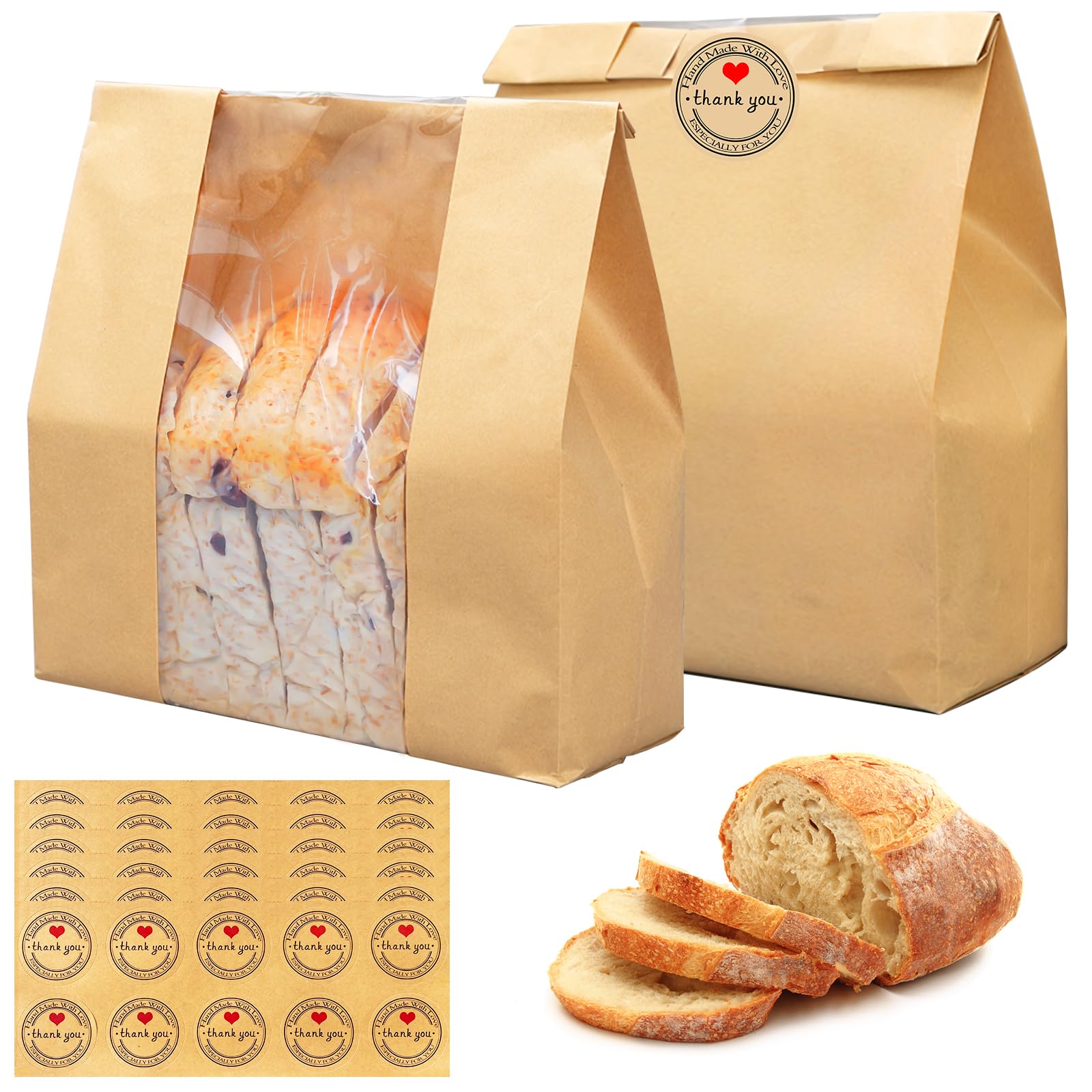 OJYUDD 60 Pcs Paper Bread Bags for Homemade Bread,Brown Bread Storage Bags with Clear Window,Large Kraft Paper Bread Loaf Bag with Label Seal Sticker(