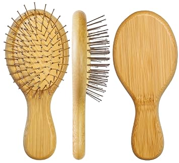 Wooden Paddle Detangling Brush Mini Metal Bristle Hair Brush for Women Men, Anti-frizz Small Hairbrush for Curly Fine Wet Dry Hair, Massage Scalp, Reduce Static