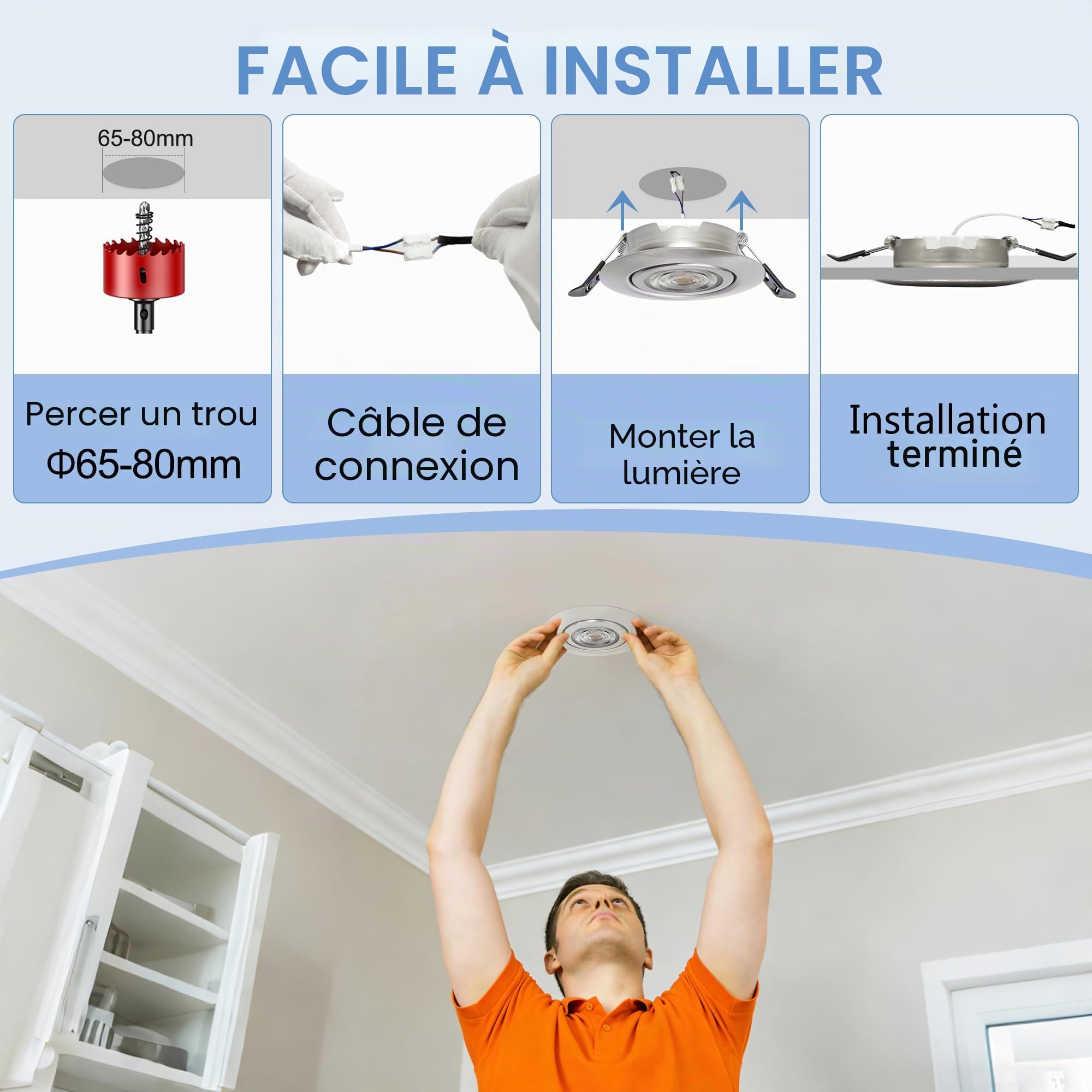 Spot LED Encastrable Dimmable 220V, 5.5W 600LM IP44 Spots LED Encastrable Extra Plat 68mm, 45° Orientable Spots de Plafond 2700K Blanc Chaud Spot Salle de Bain, Nickel Brossé Lot de 6