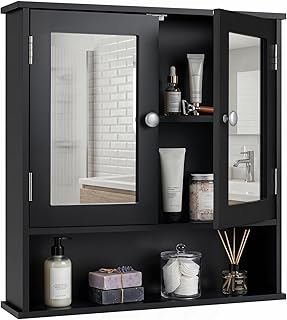 Tangkula Bathroom Medicine Cabinet with Mirror, Wall Mounted Wooden Hanging Organizer with Doors and Shelves, Bathroom Wall Mirror Cabinet (Mirror Doors, Black)
